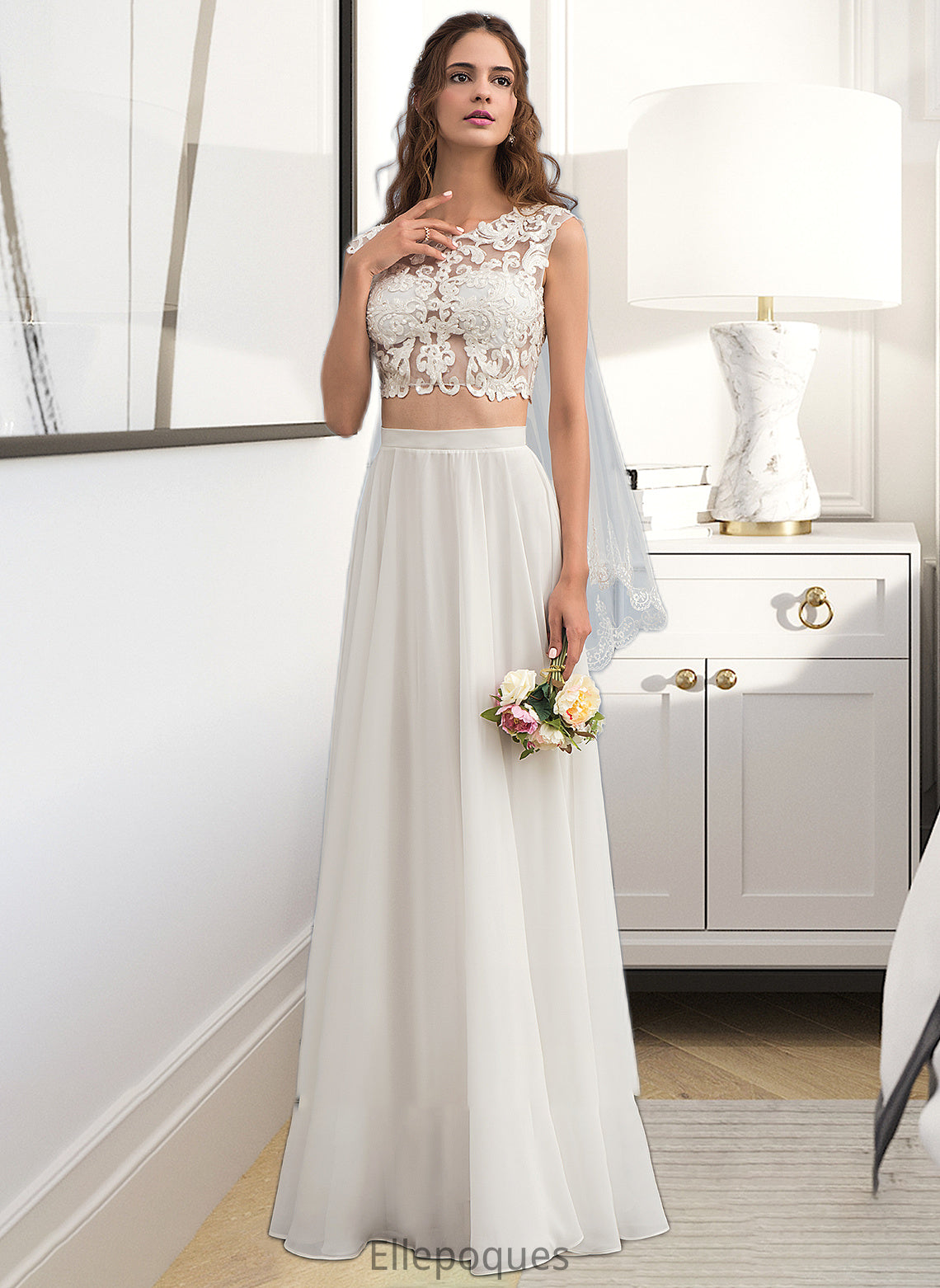 Adrianna A-Line Scoop Neck Floor-Length Chiffon Wedding Dress With Beading Sequins HOP0013799