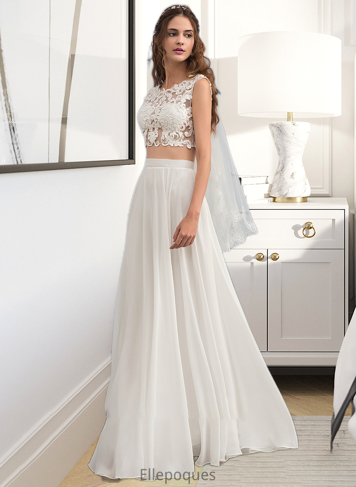 Adrianna A-Line Scoop Neck Floor-Length Chiffon Wedding Dress With Beading Sequins HOP0013799