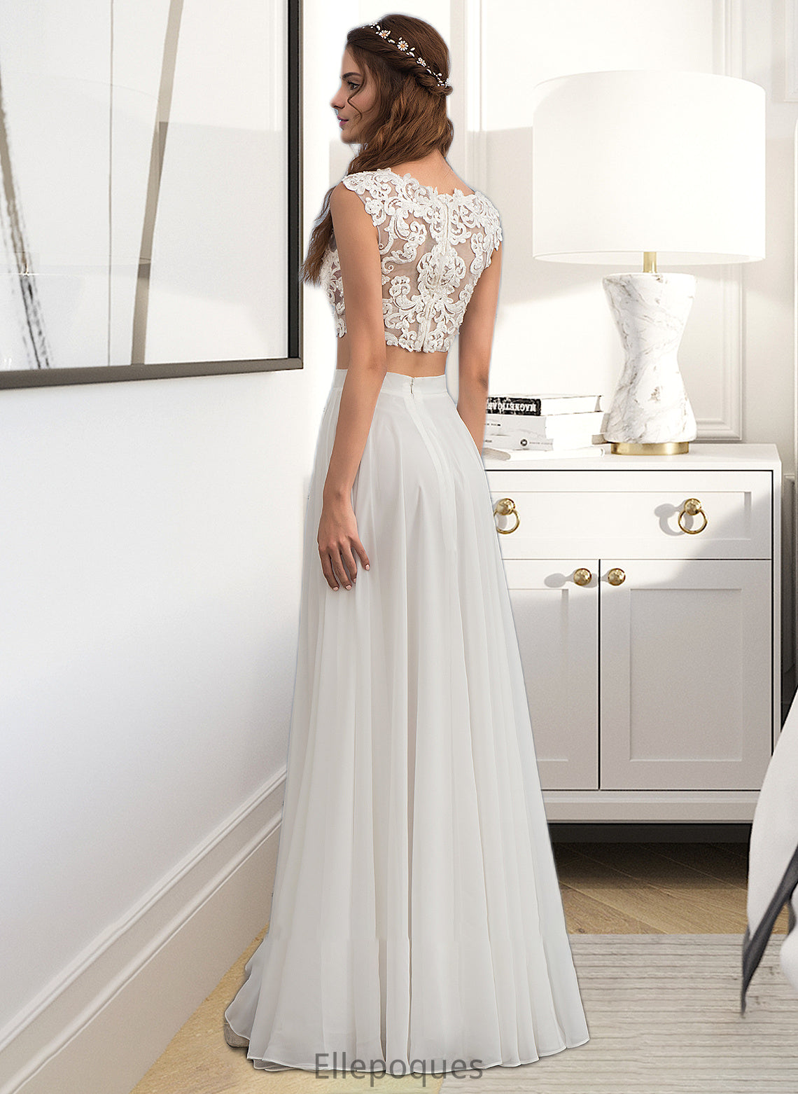 Adrianna A-Line Scoop Neck Floor-Length Chiffon Wedding Dress With Beading Sequins HOP0013799