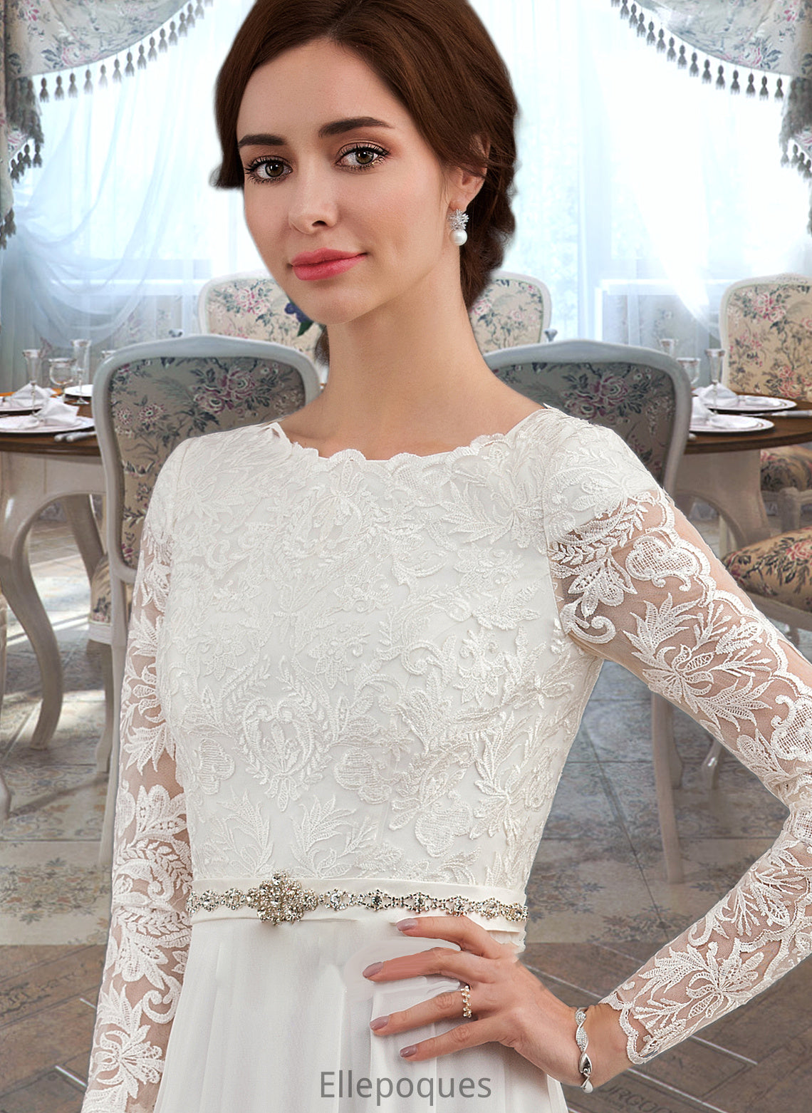 Kit A-Line Scoop Neck Court Train Chiffon Wedding Dress With Beading HOP0013800