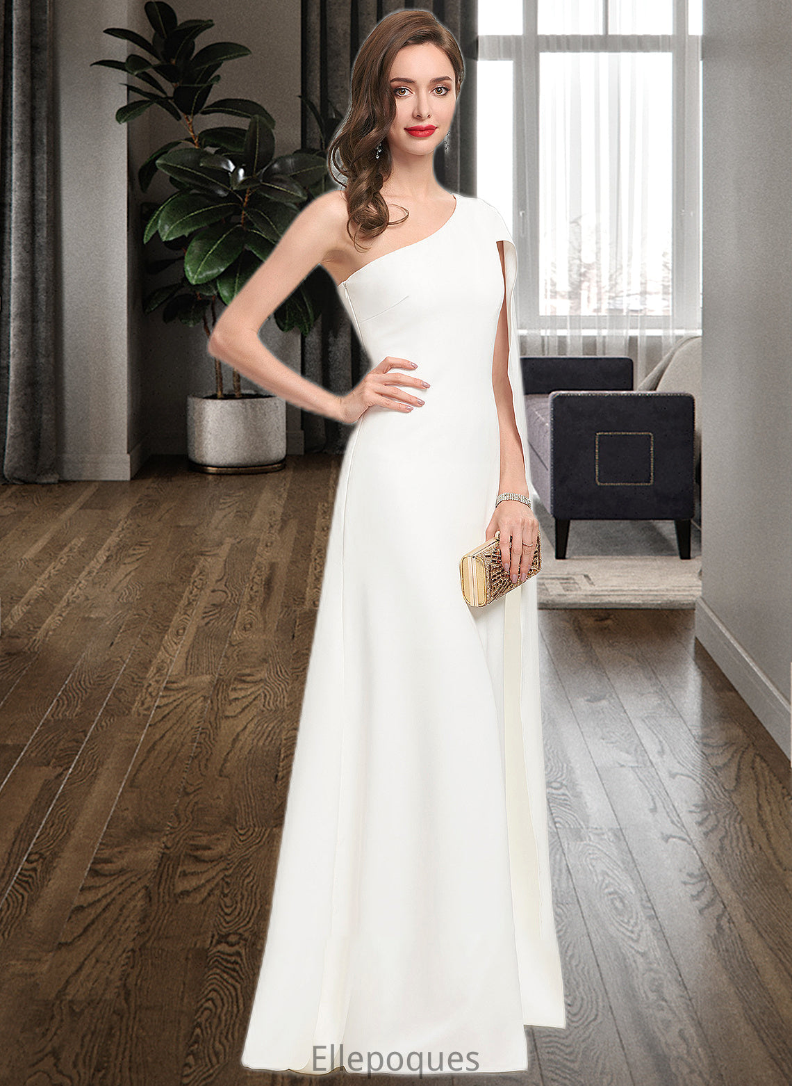 Laila Sheath/Column One-Shoulder Floor-Length Stretch Crepe Wedding Dress HOP0013801