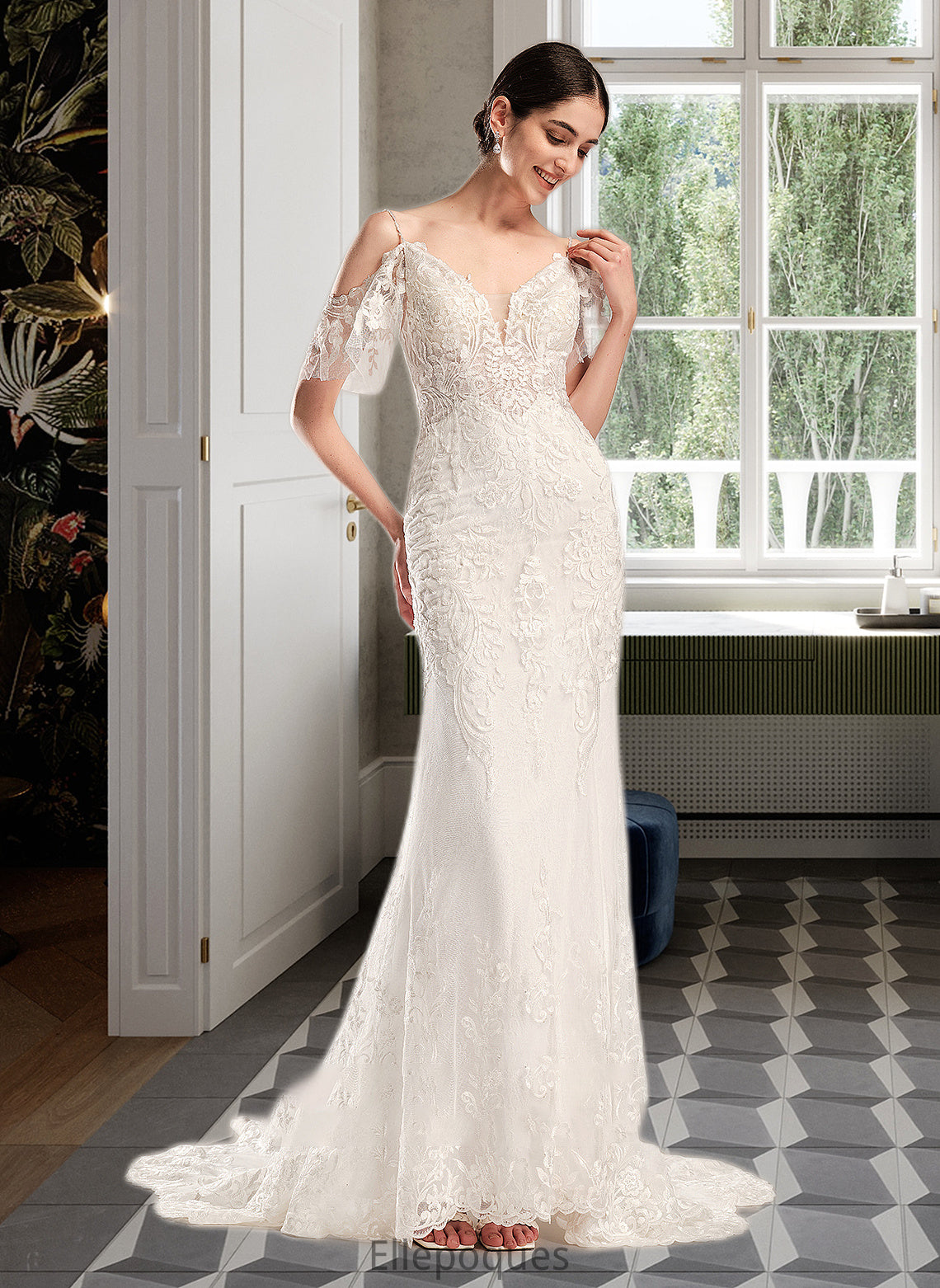 Claudia Trumpet/Mermaid V-neck Chapel Train Wedding Dress With Beading Sequins HOP0013802