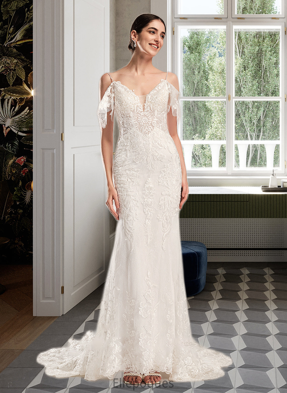 Claudia Trumpet/Mermaid V-neck Chapel Train Wedding Dress With Beading Sequins HOP0013802