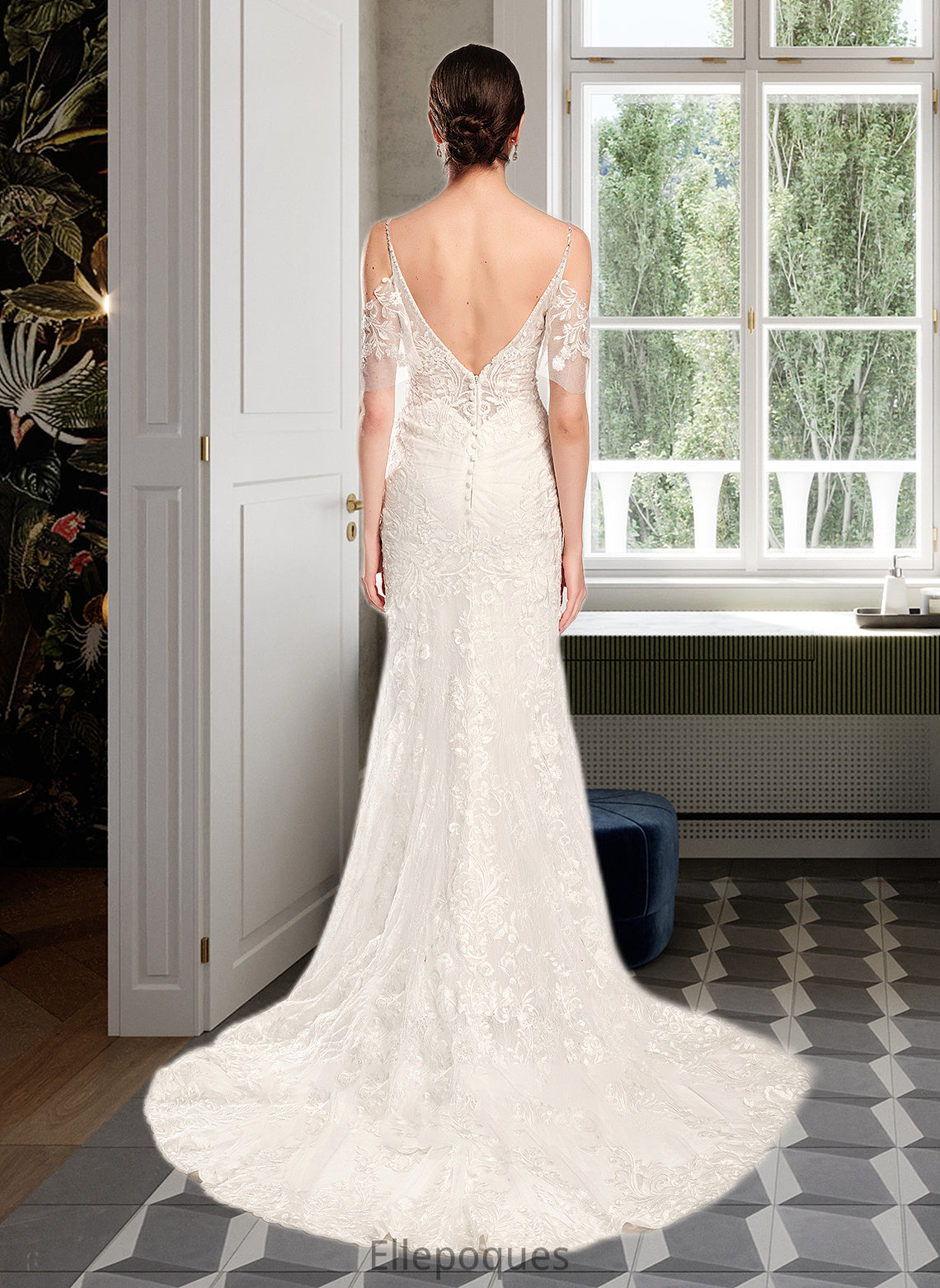 Claudia Trumpet/Mermaid V-neck Chapel Train Wedding Dress With Beading Sequins HOP0013802