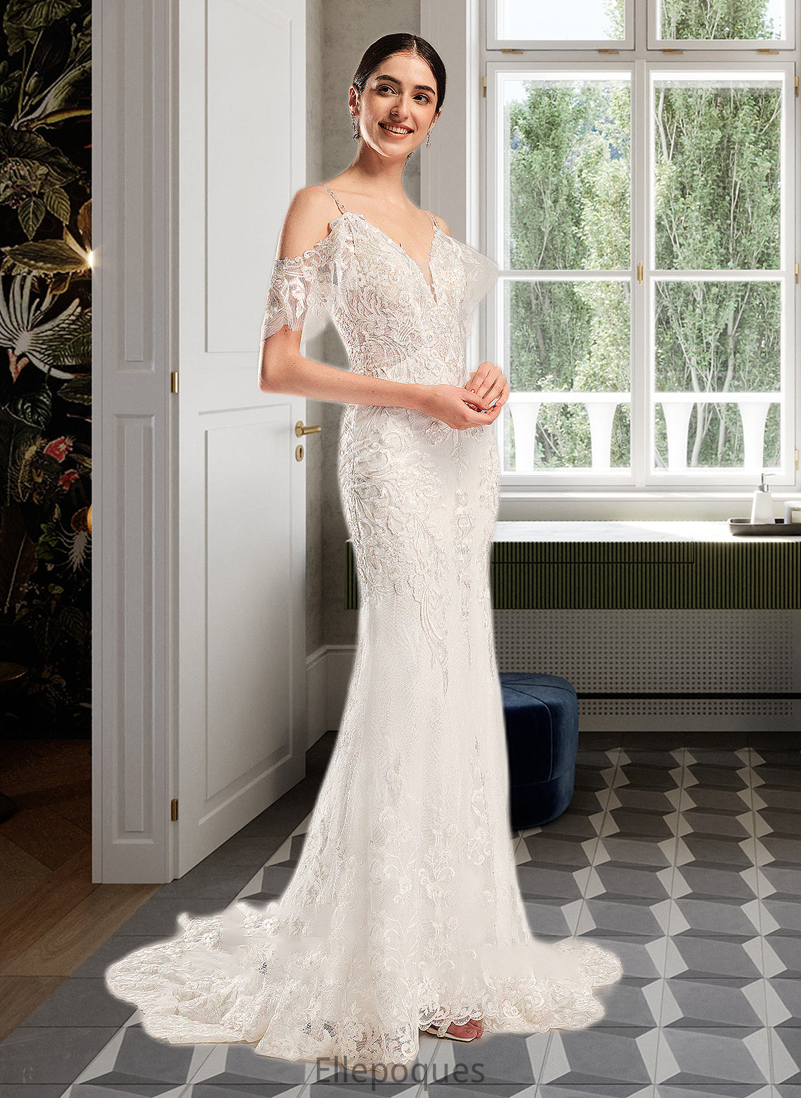 Claudia Trumpet/Mermaid V-neck Chapel Train Wedding Dress With Beading Sequins HOP0013802