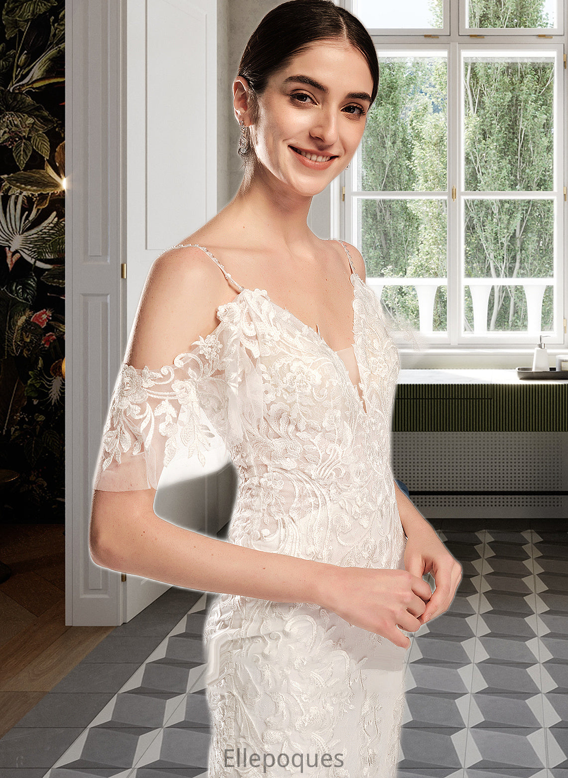 Claudia Trumpet/Mermaid V-neck Chapel Train Wedding Dress With Beading Sequins HOP0013802