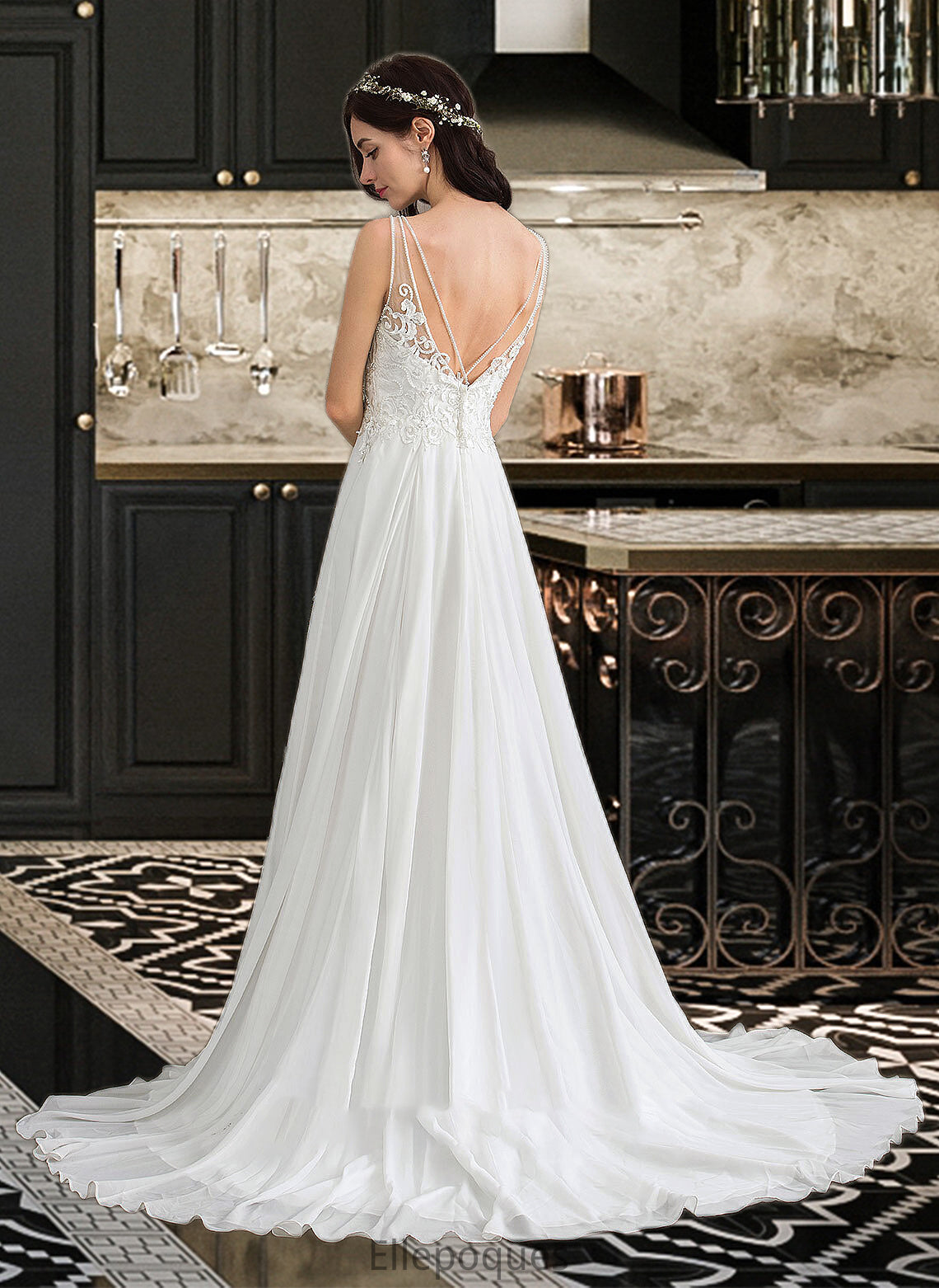 Rory A-Line V-neck Sweep Train Chiffon Wedding Dress With Beading Sequins Split Front HOP0013806