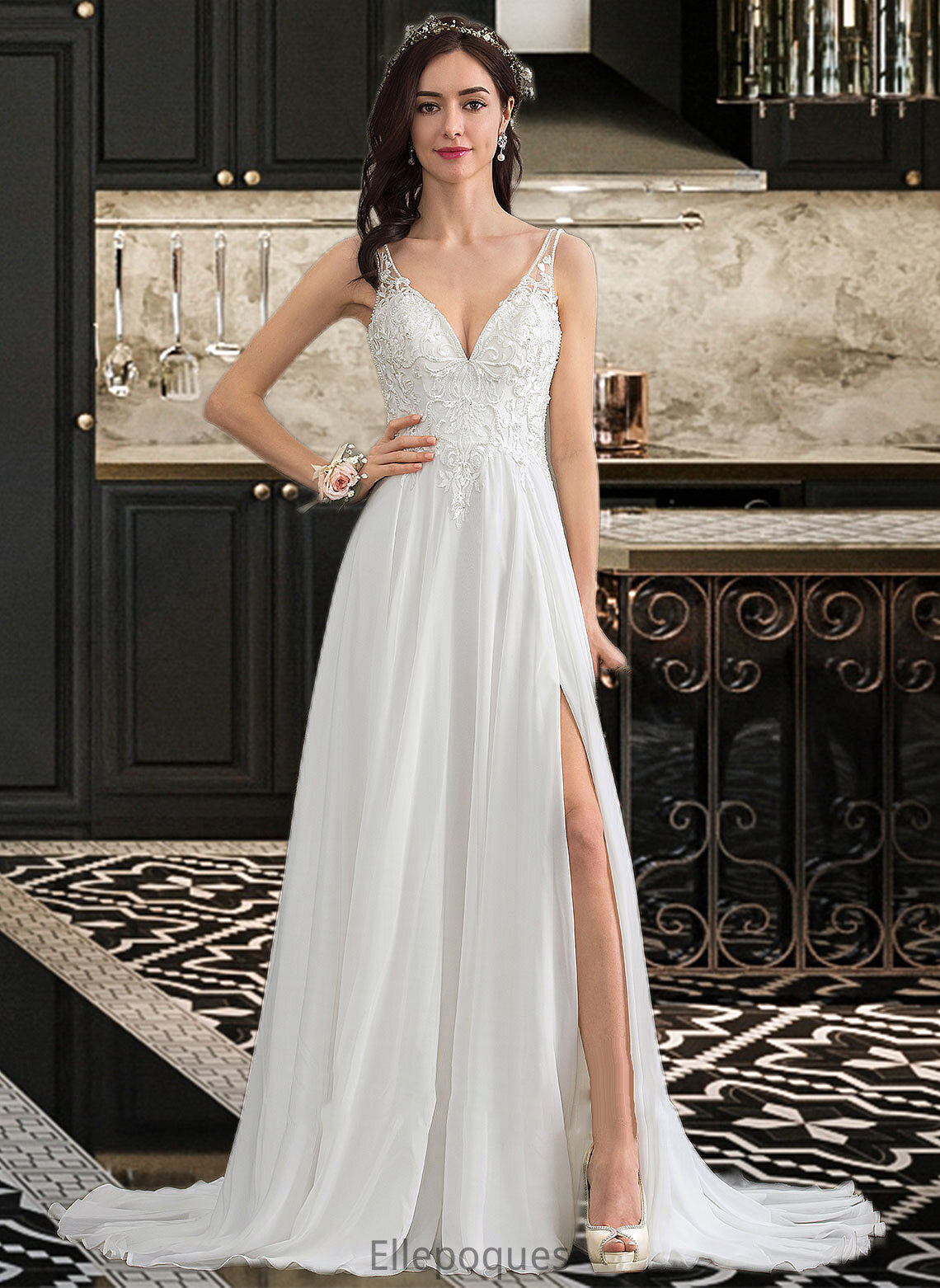 Rory A-Line V-neck Sweep Train Chiffon Wedding Dress With Beading Sequins Split Front HOP0013806