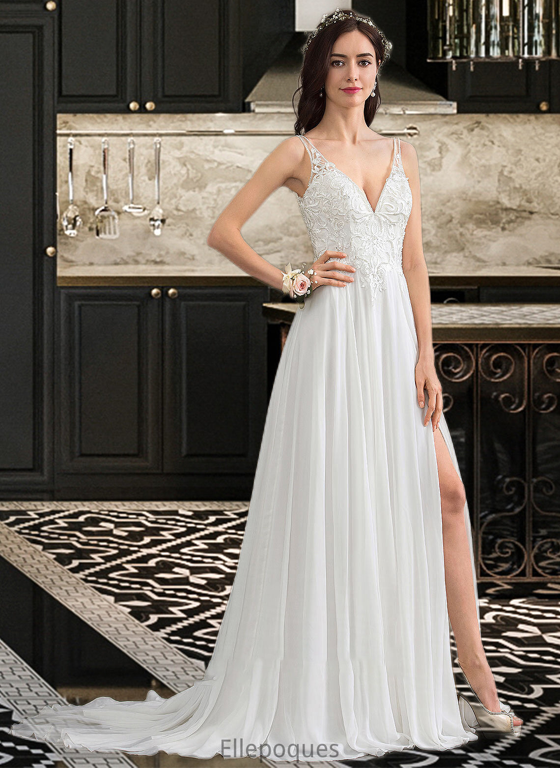 Rory A-Line V-neck Sweep Train Chiffon Wedding Dress With Beading Sequins Split Front HOP0013806