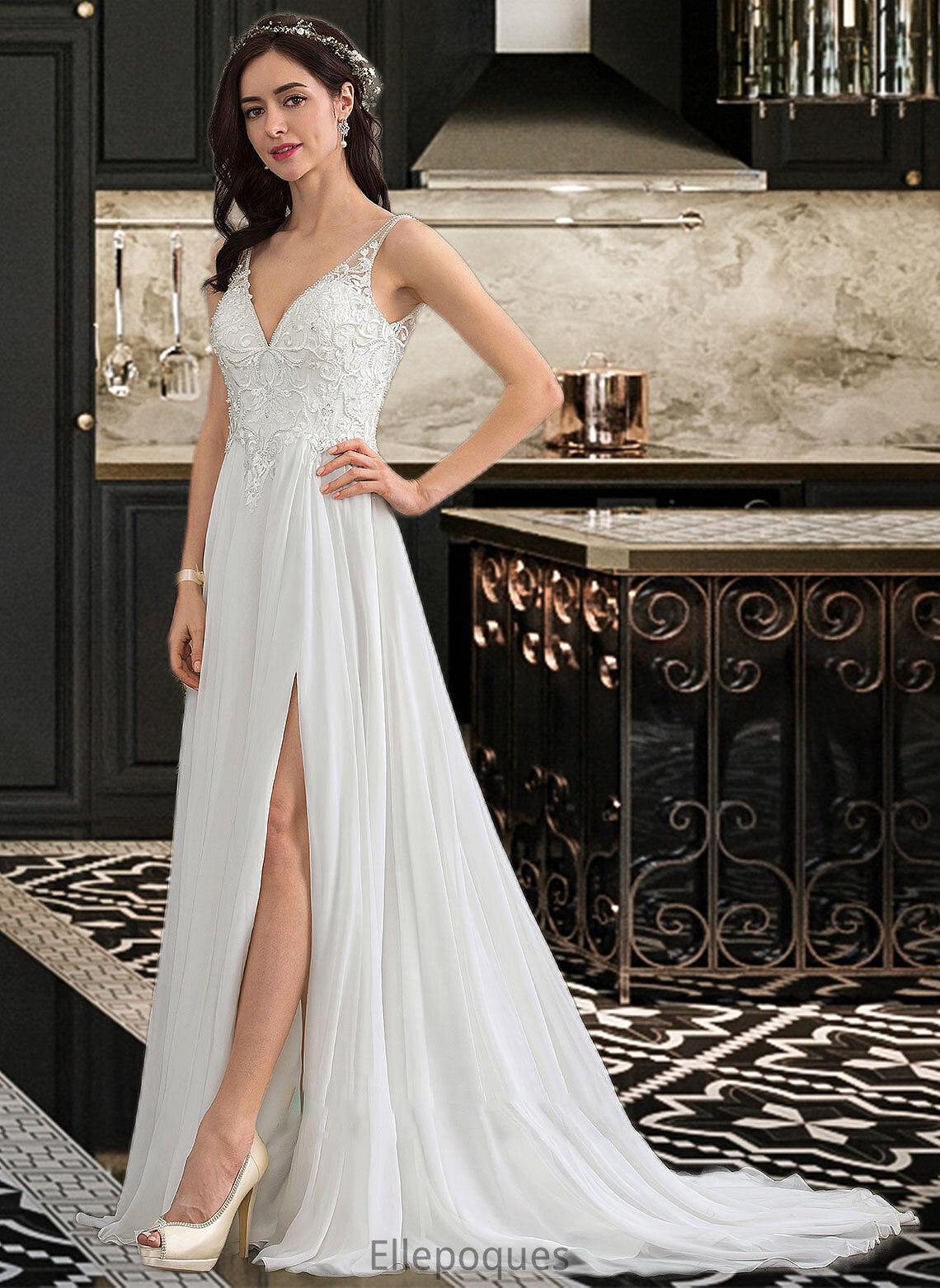 Rory A-Line V-neck Sweep Train Chiffon Wedding Dress With Beading Sequins Split Front HOP0013806