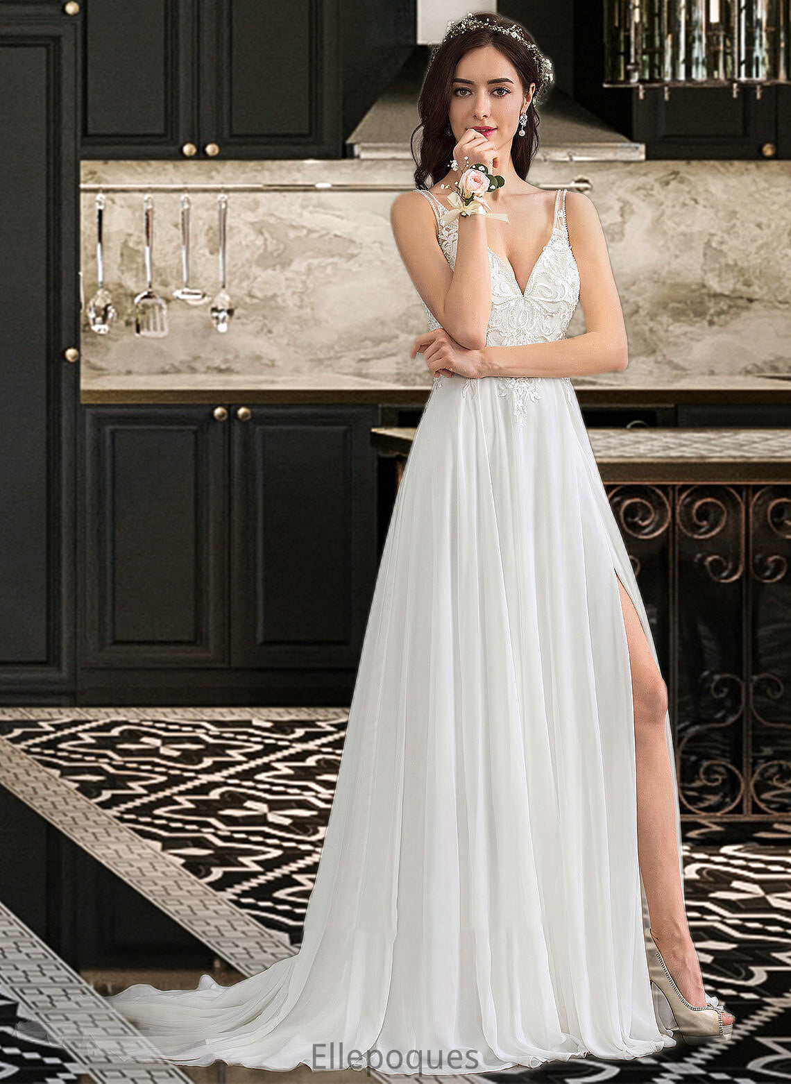 Rory A-Line V-neck Sweep Train Chiffon Wedding Dress With Beading Sequins Split Front HOP0013806