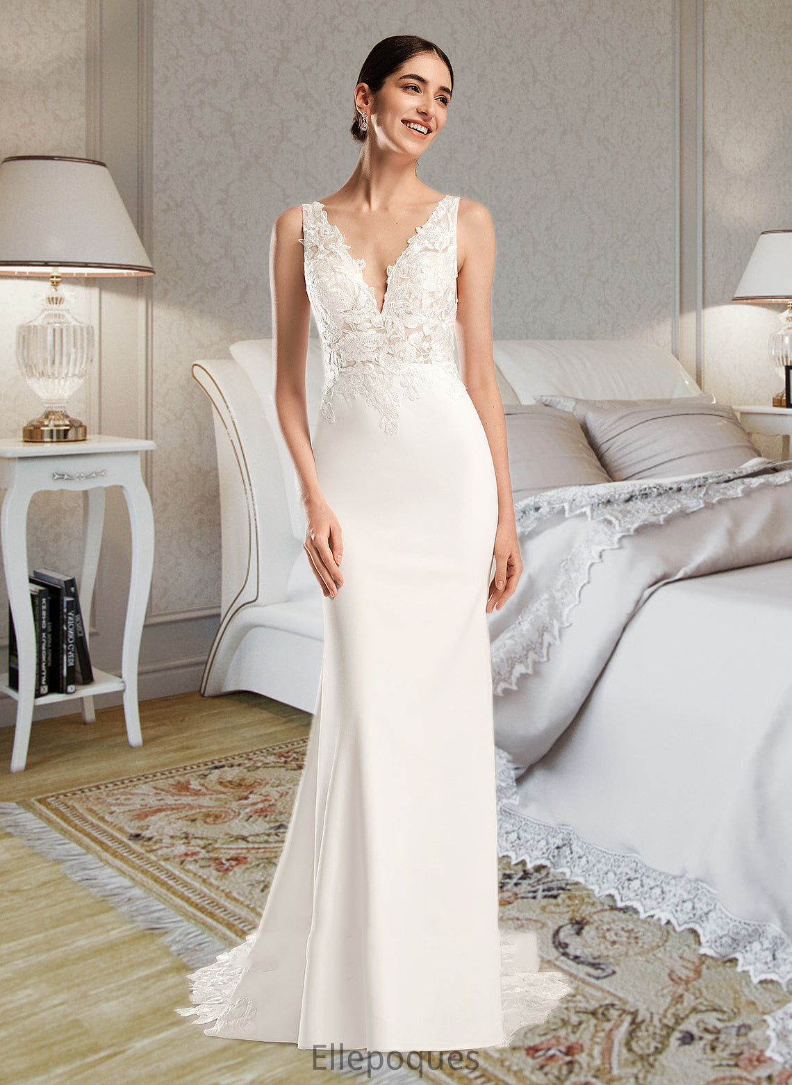 Shyann Sheath/Column V-neck Court Train Wedding Dress With Sequins HOP0013807