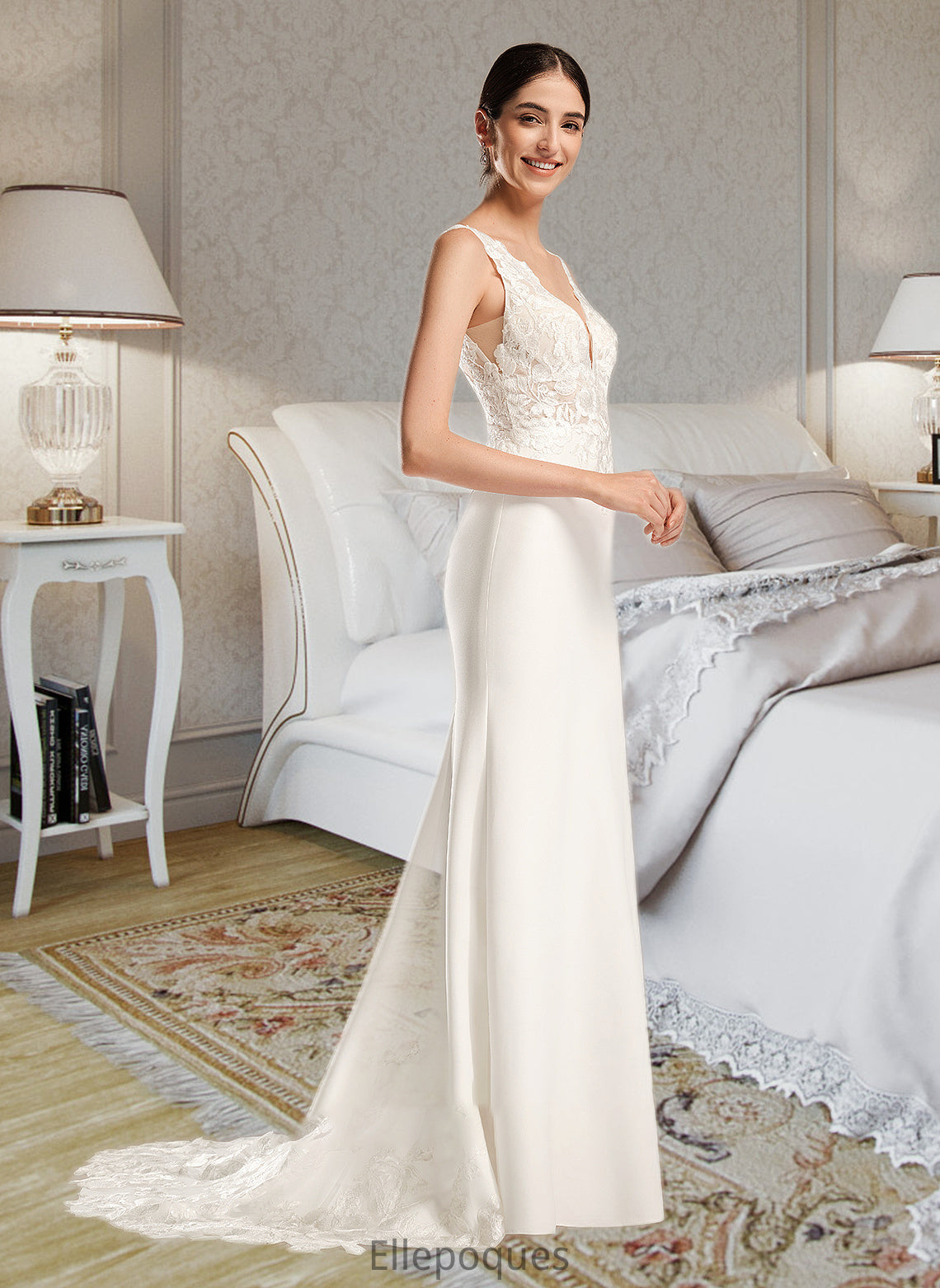 Shyann Sheath/Column V-neck Court Train Wedding Dress With Sequins HOP0013807