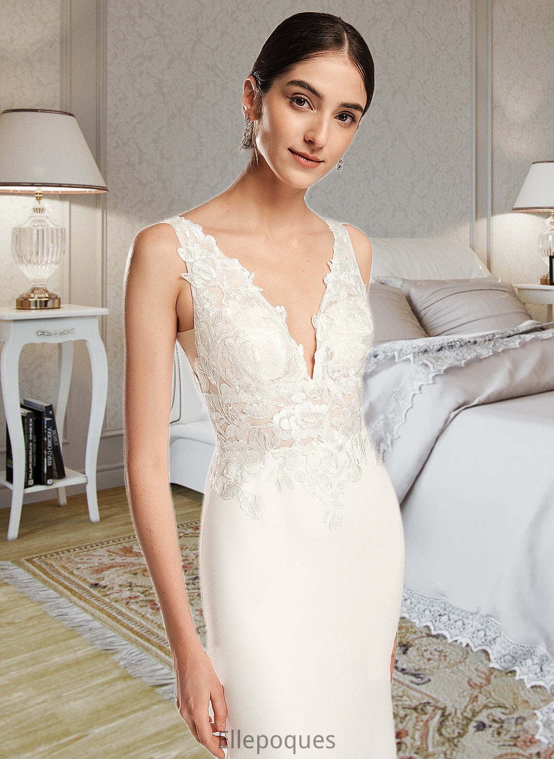 Shyann Sheath/Column V-neck Court Train Wedding Dress With Sequins HOP0013807