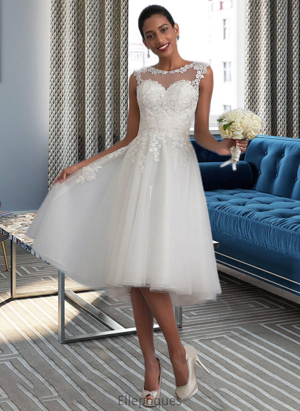 Elise A-Line Illusion Asymmetrical Tulle Wedding Dress With Ruffle HOP0013808