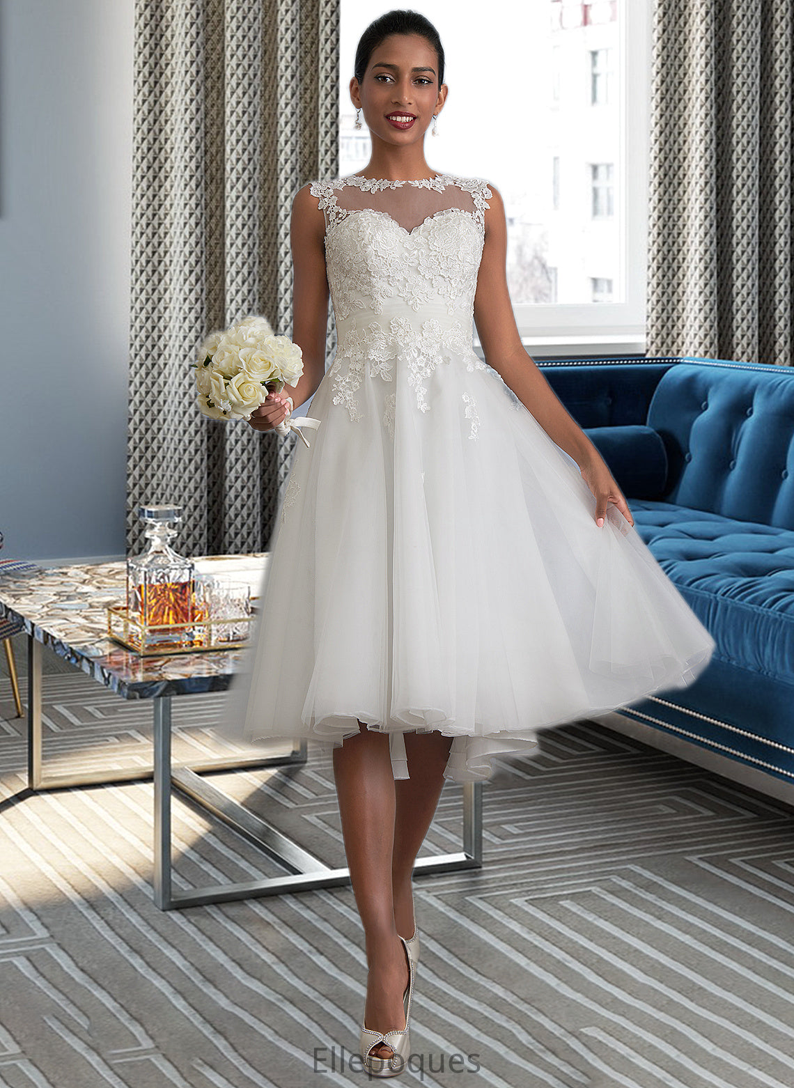 Elise A-Line Illusion Asymmetrical Tulle Wedding Dress With Ruffle HOP0013808