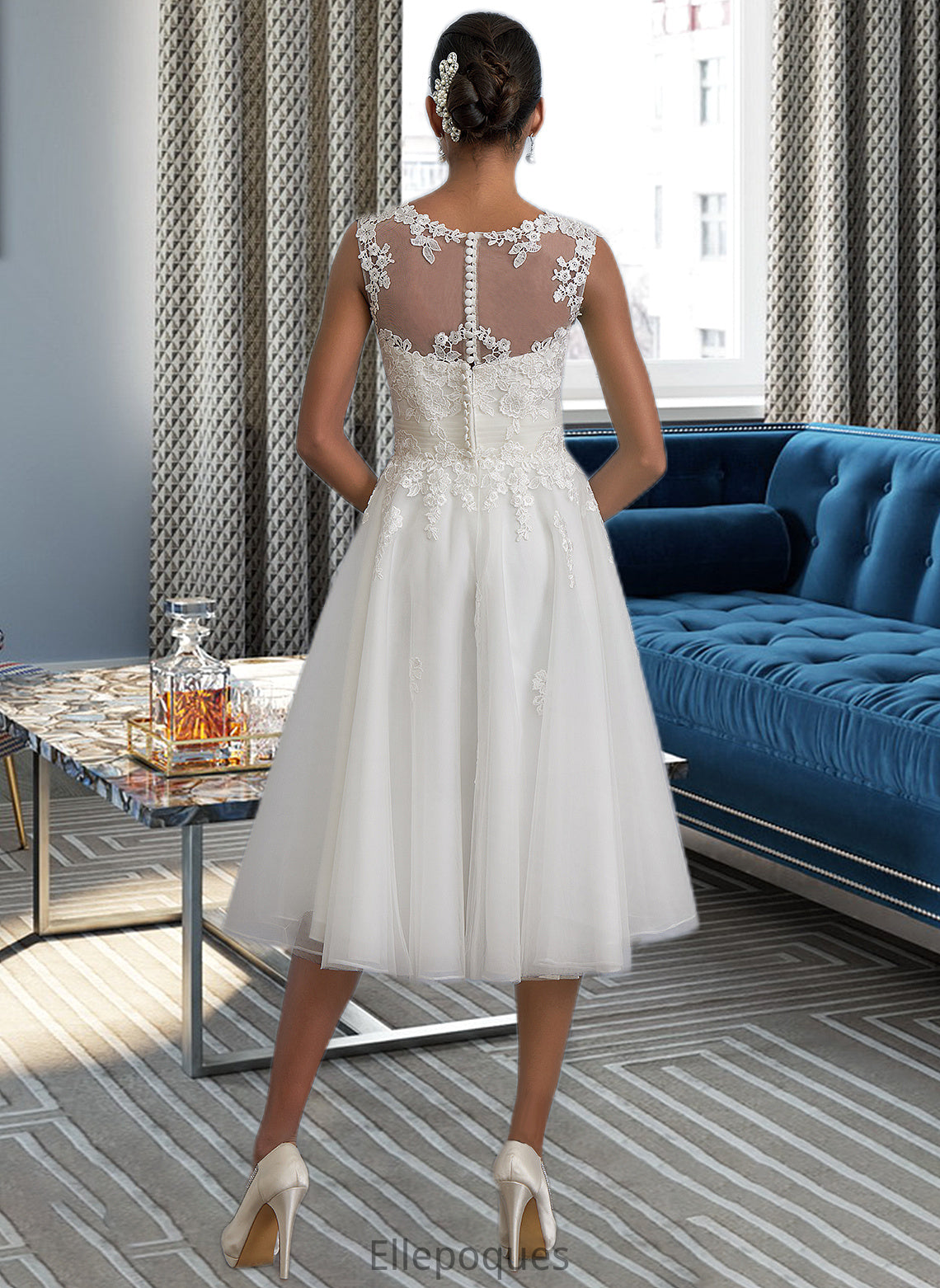 Elise A-Line Illusion Asymmetrical Tulle Wedding Dress With Ruffle HOP0013808