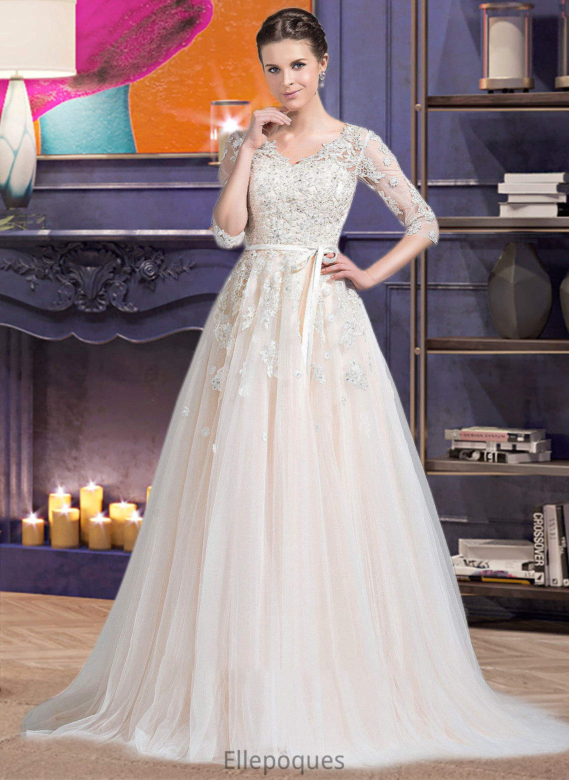 Kaila Ball-Gown/Princess V-neck Court Train Tulle Wedding Dress With Beading Appliques Lace Sequins Bow(s) HOP0013809