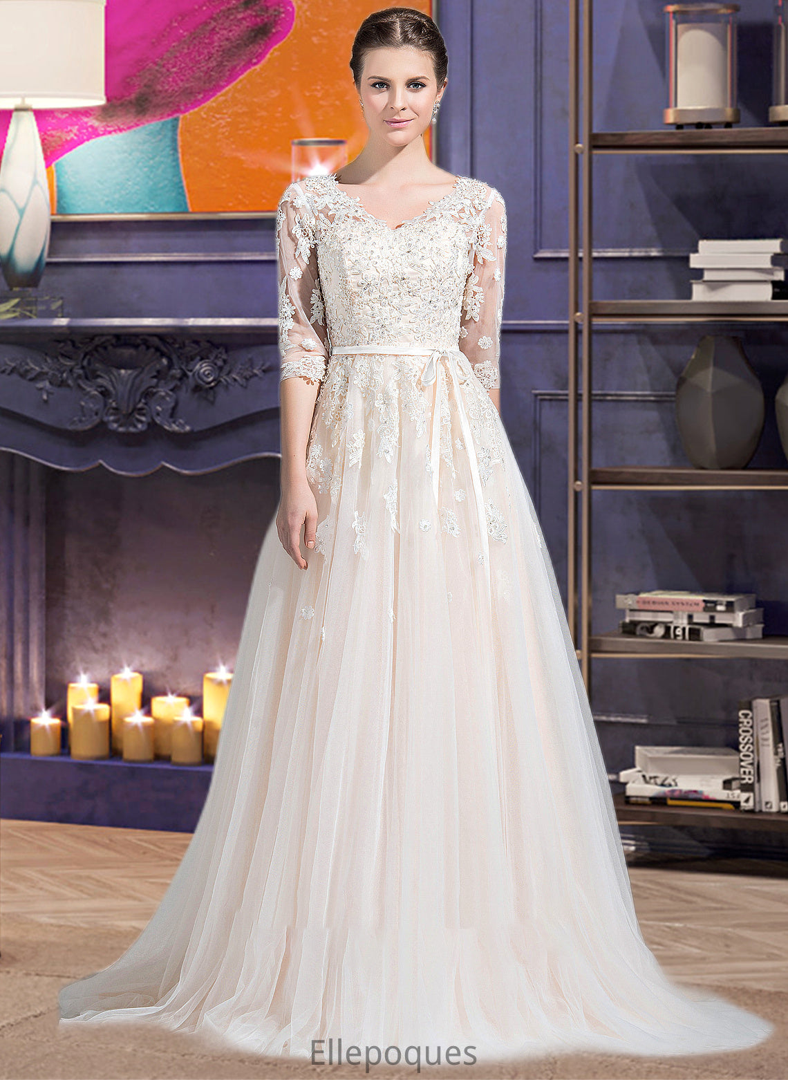 Kaila Ball-Gown/Princess V-neck Court Train Tulle Wedding Dress With Beading Appliques Lace Sequins Bow(s) HOP0013809