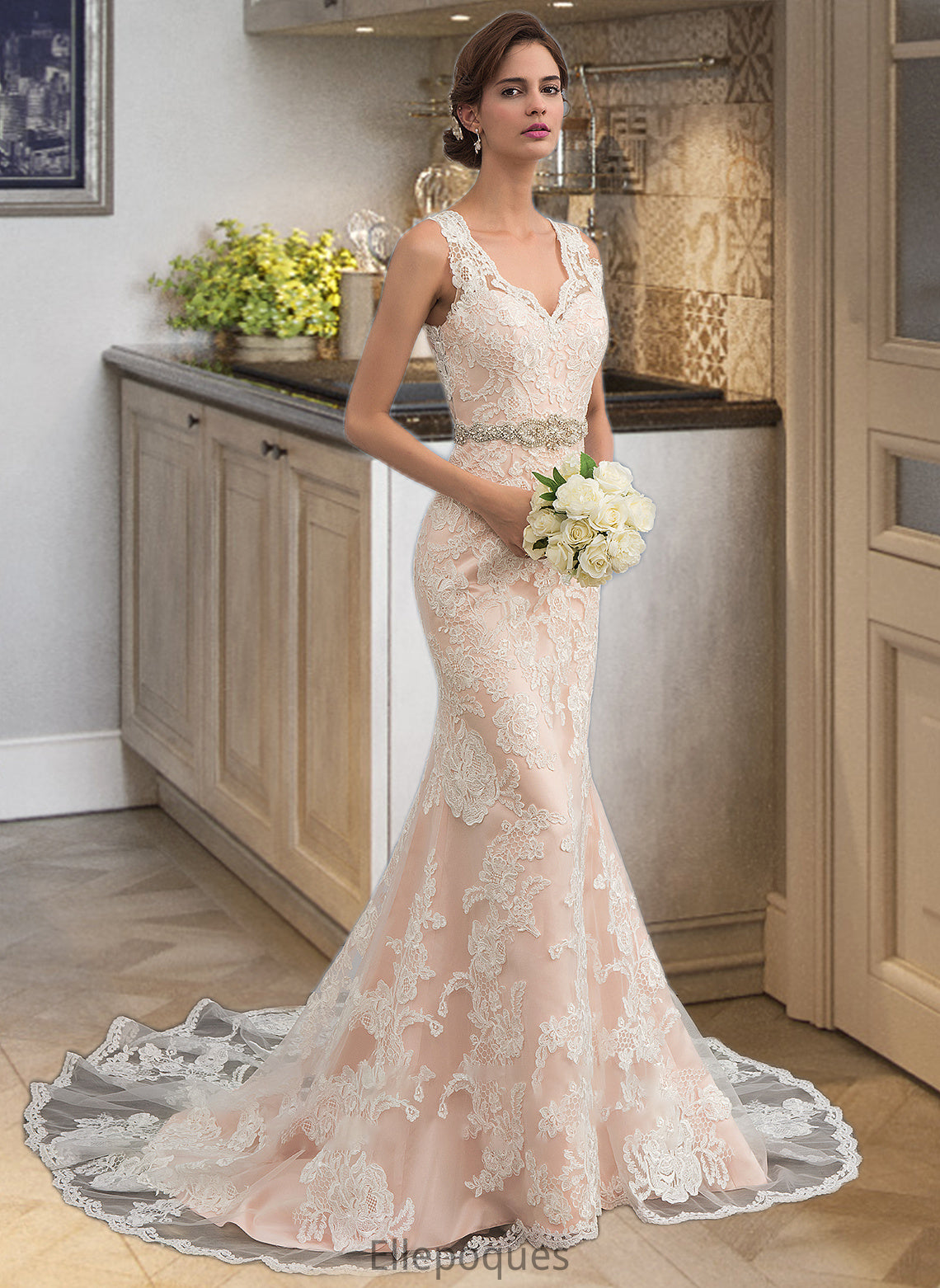 Maddison Trumpet/Mermaid V-neck Chapel Train Tulle Lace Wedding Dress With Beading HOP0013810