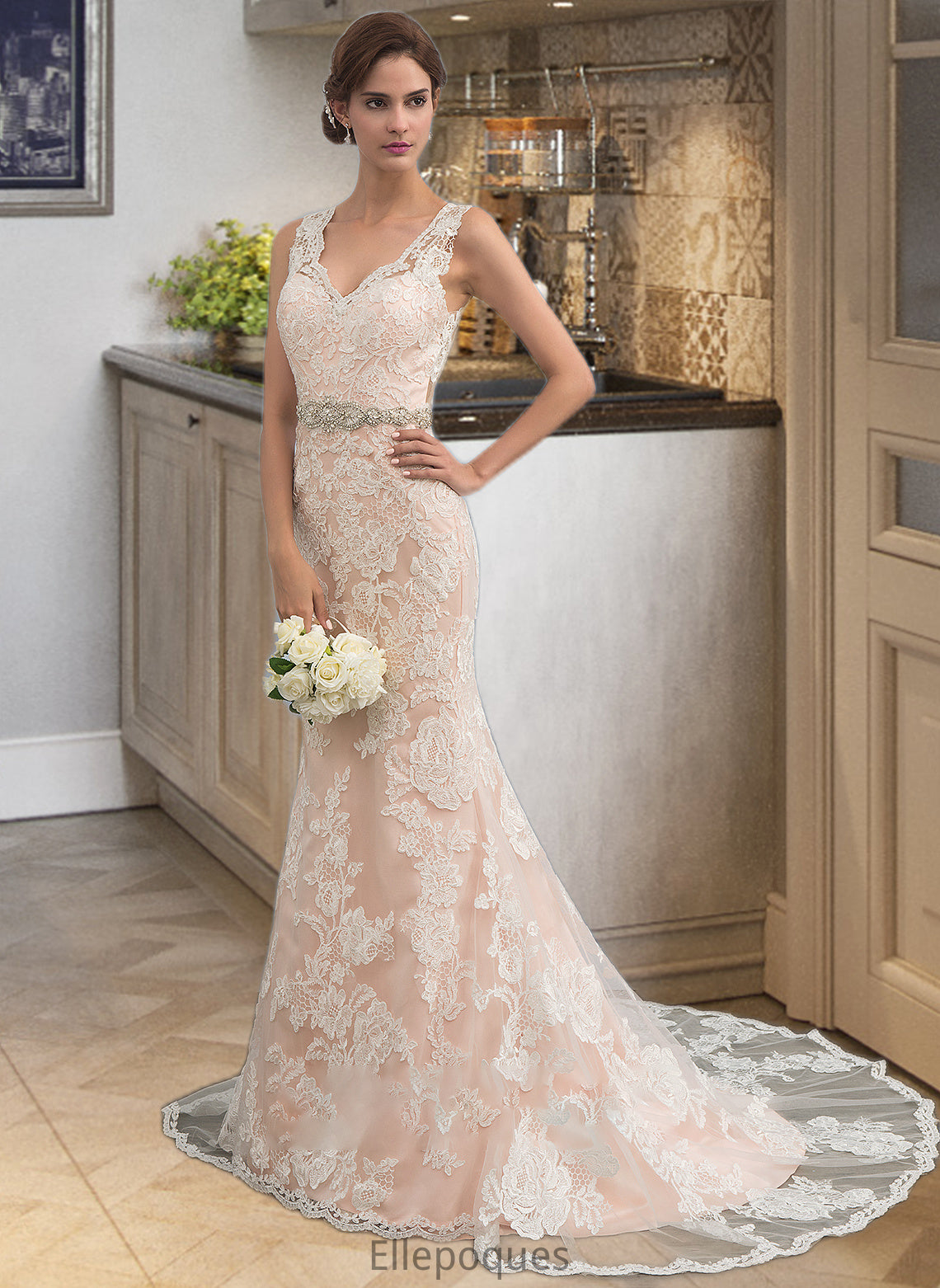 Maddison Trumpet/Mermaid V-neck Chapel Train Tulle Lace Wedding Dress With Beading HOP0013810