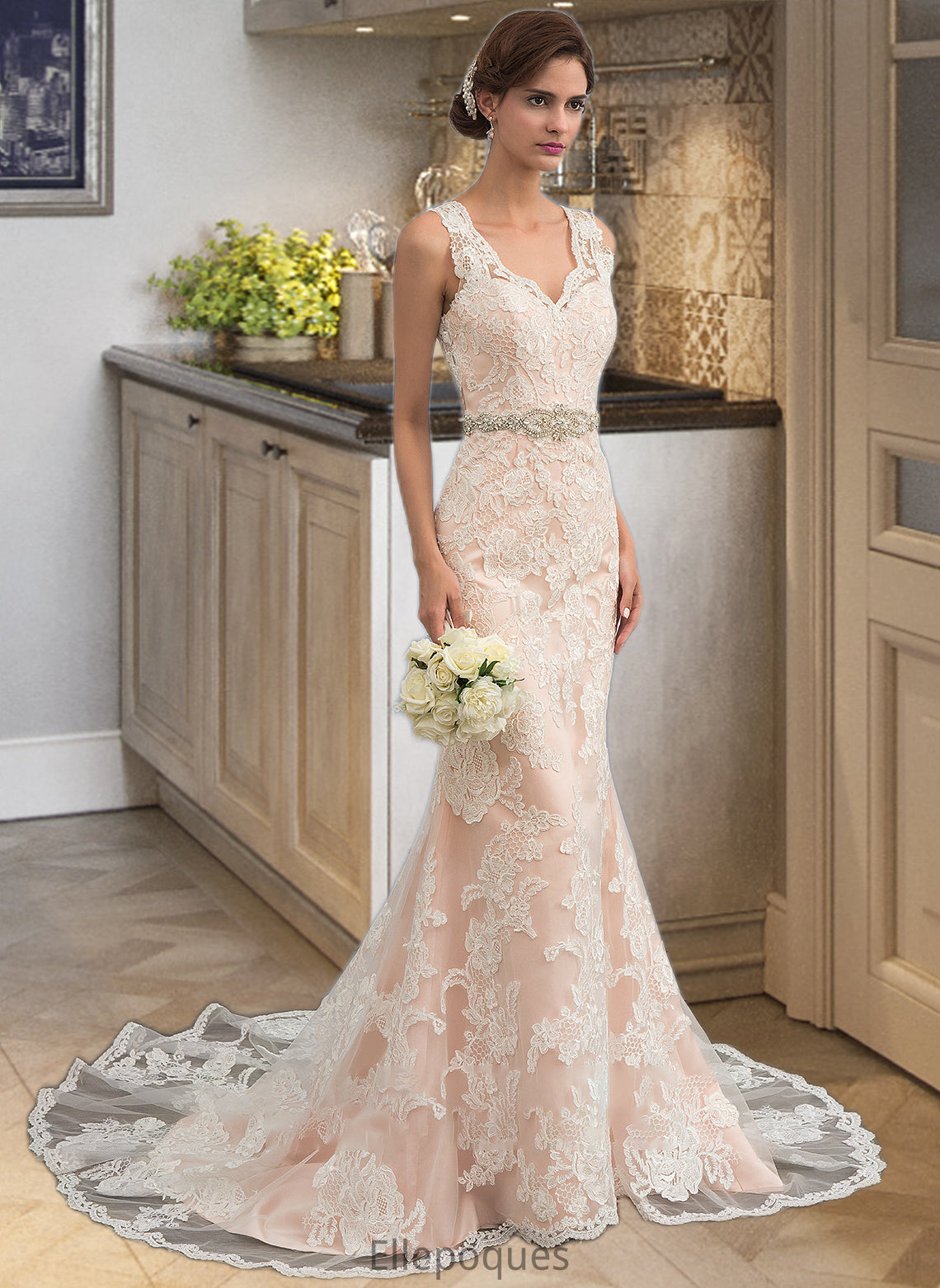 Maddison Trumpet/Mermaid V-neck Chapel Train Tulle Lace Wedding Dress With Beading HOP0013810