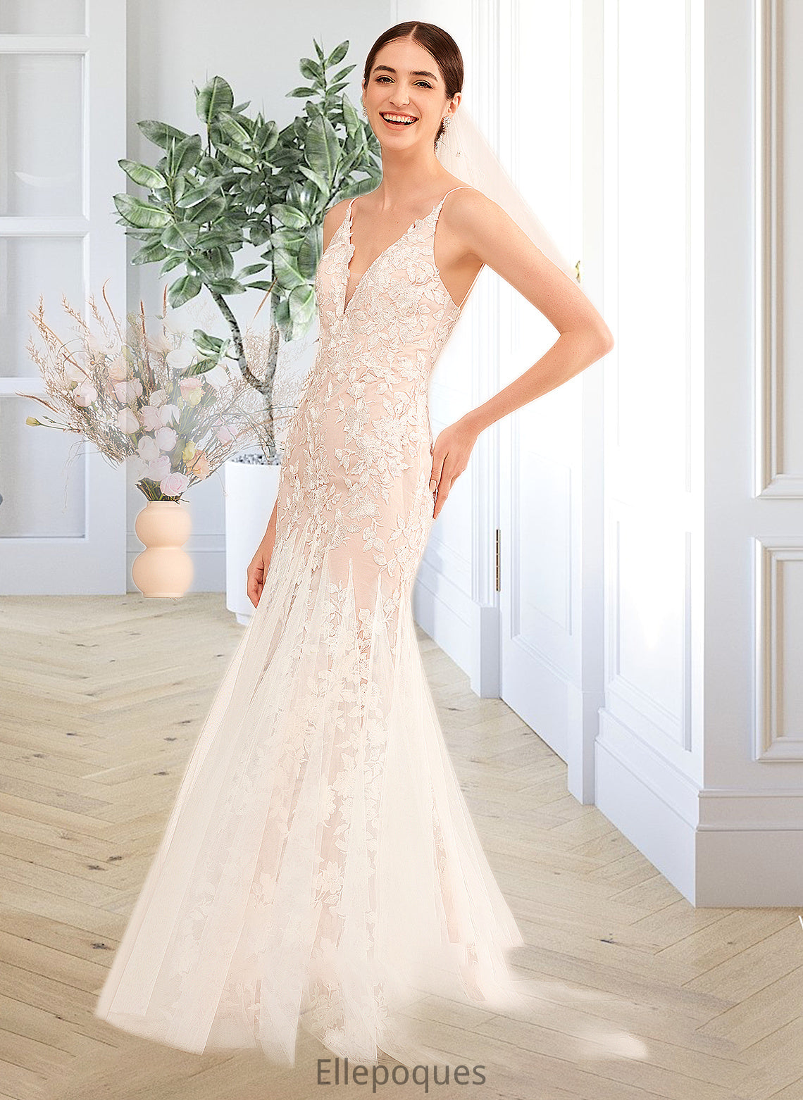 Aubrey Trumpet/Mermaid V-neck Court Train Wedding Dress With Lace HOP0013814