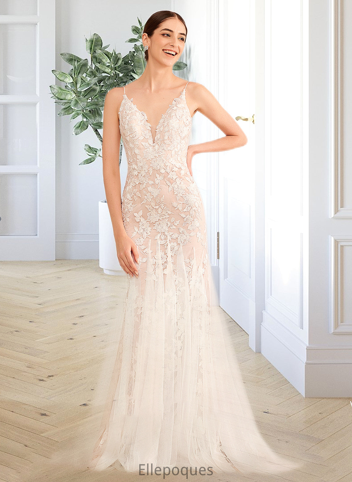 Aubrey Trumpet/Mermaid V-neck Court Train Wedding Dress With Lace HOP0013814