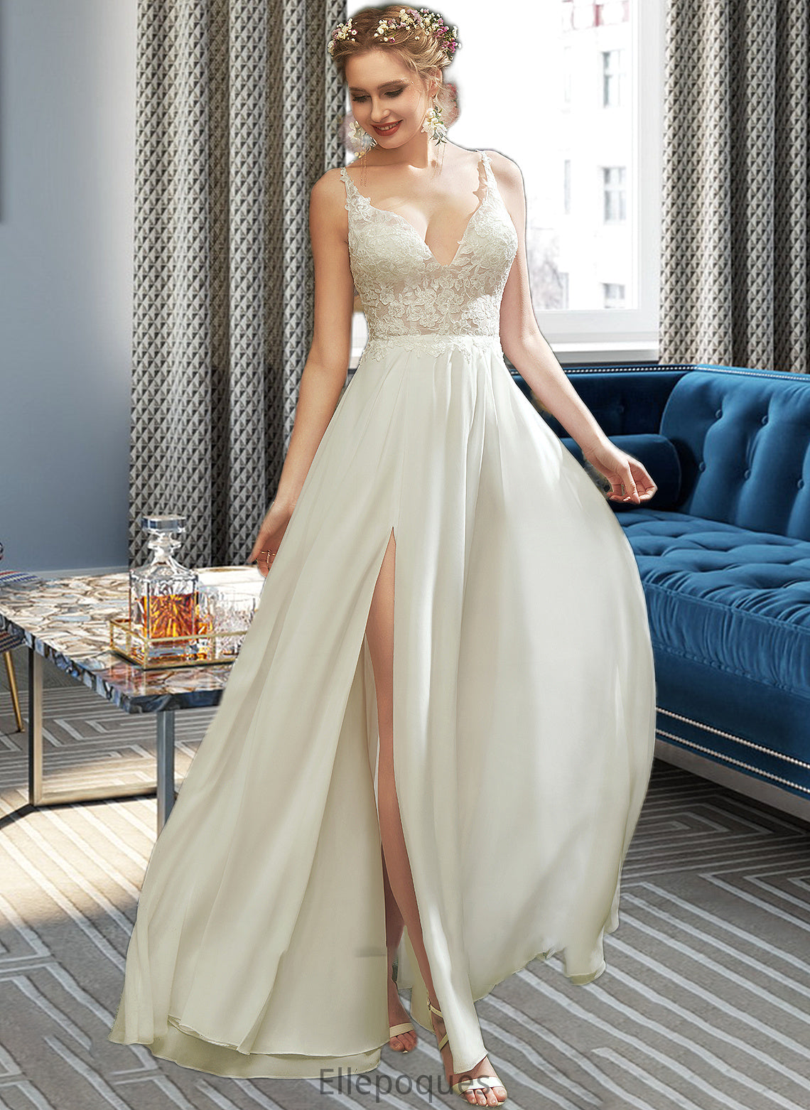 Sabrina A-Line V-neck Floor-Length Wedding Dress With Lace Split Front HOP0013815