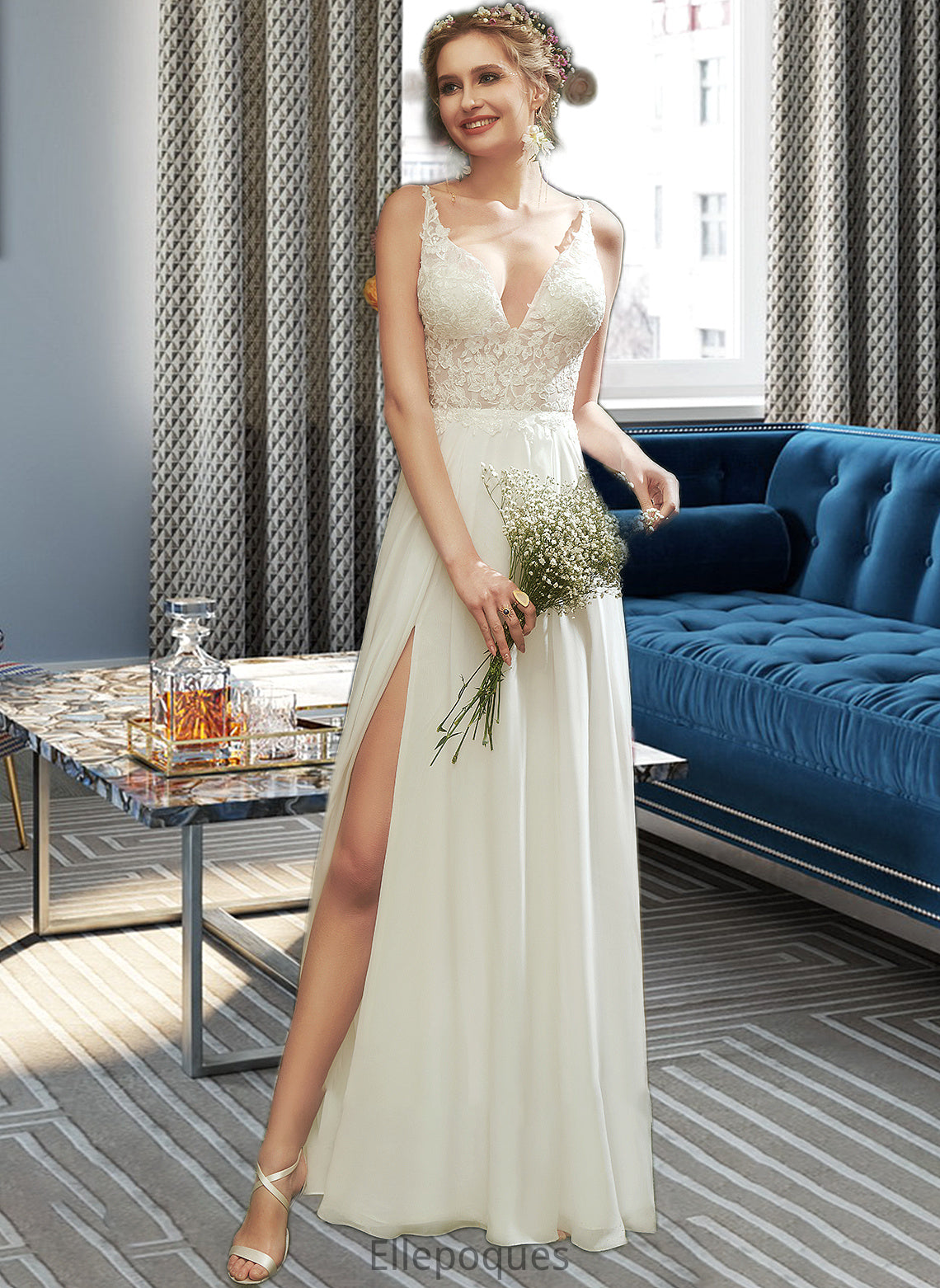 Sabrina A-Line V-neck Floor-Length Wedding Dress With Lace Split Front HOP0013815