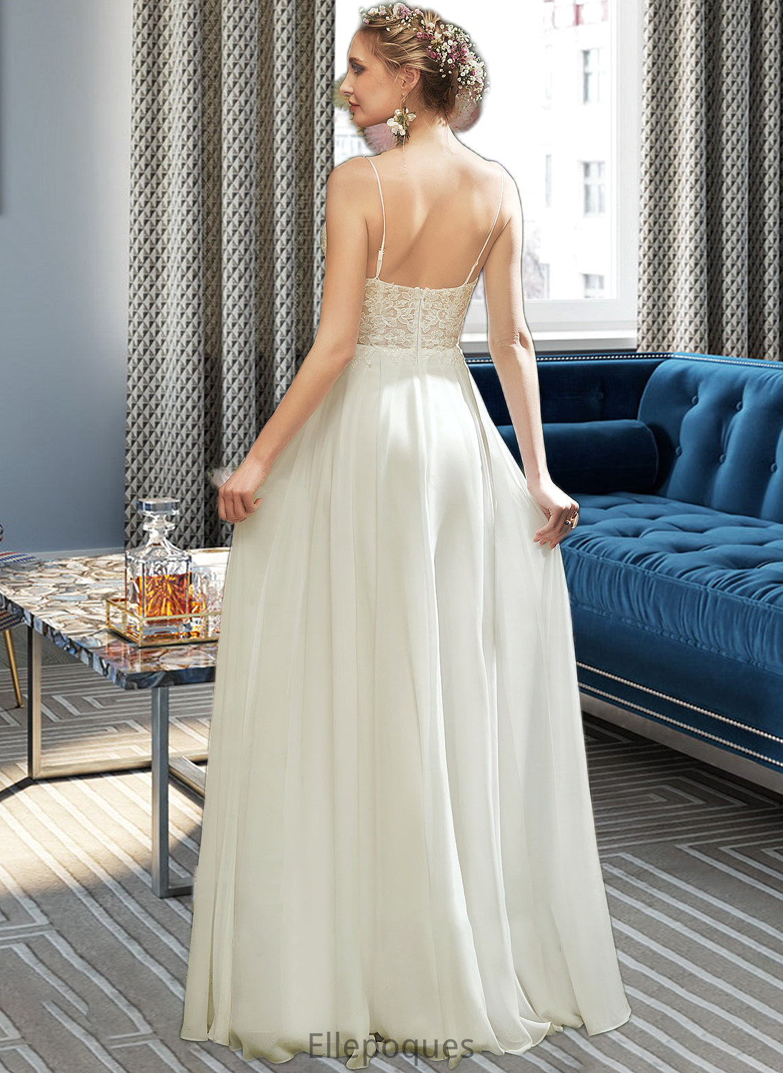 Sabrina A-Line V-neck Floor-Length Wedding Dress With Lace Split Front HOP0013815