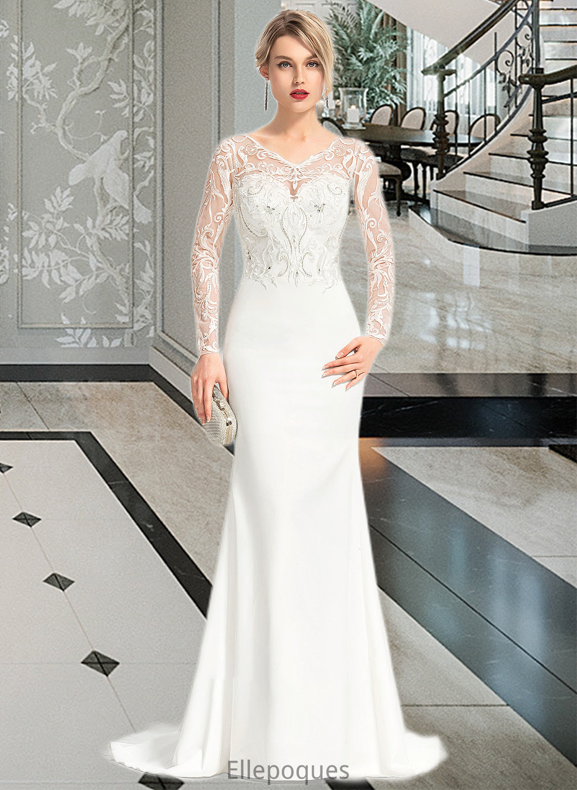 Marlie Trumpet/Mermaid V-neck Sweep Train Stretch Crepe Wedding Dress With Beading Sequins HOP0013816