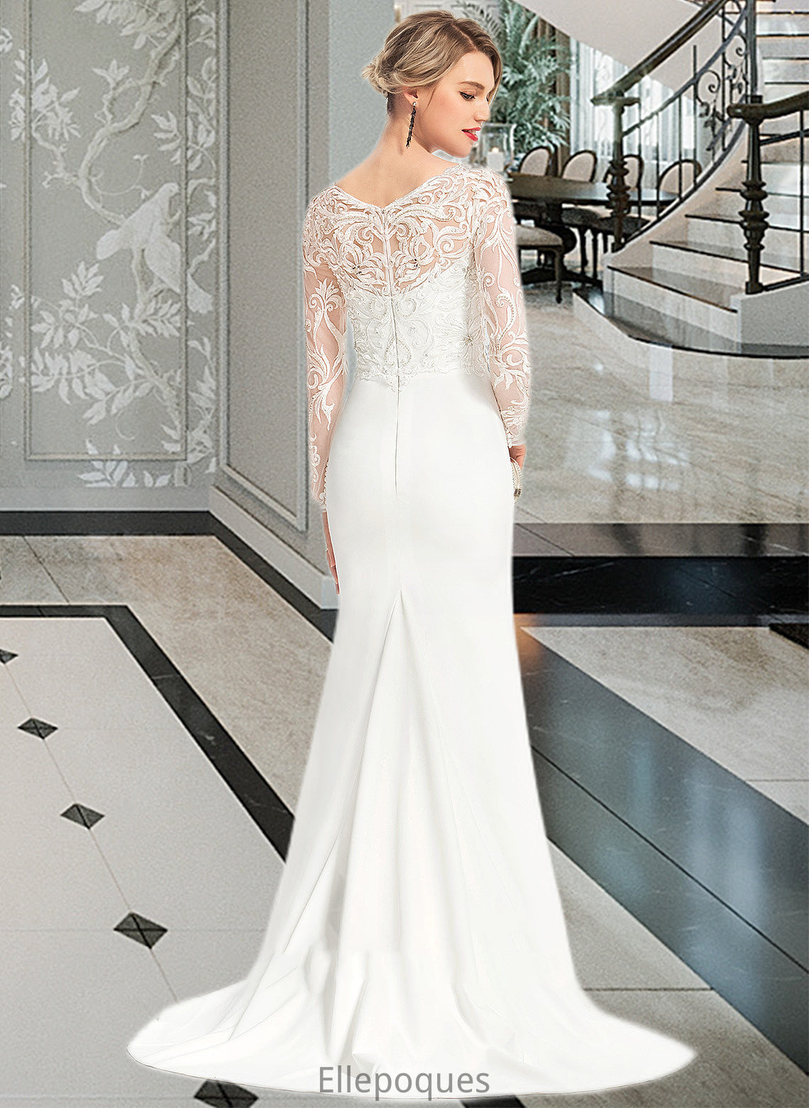 Marlie Trumpet/Mermaid V-neck Sweep Train Stretch Crepe Wedding Dress With Beading Sequins HOP0013816