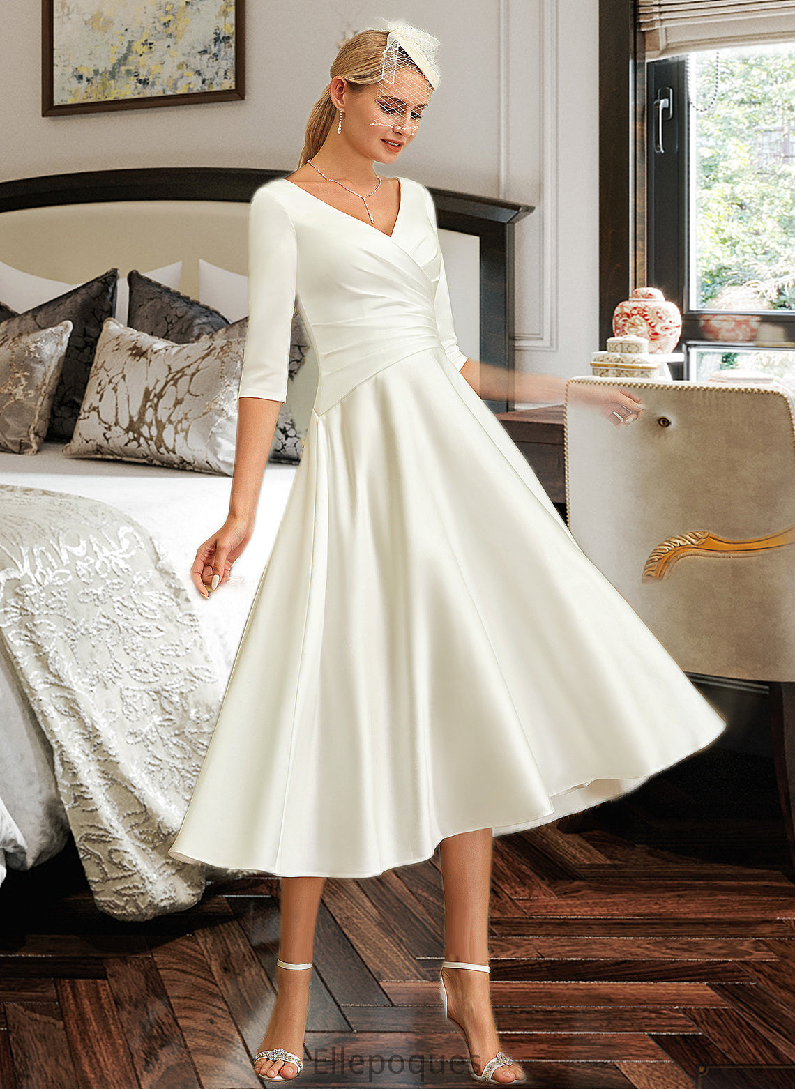 Anna A-Line V-neck Tea-Length Satin Wedding Dress HOP0013817