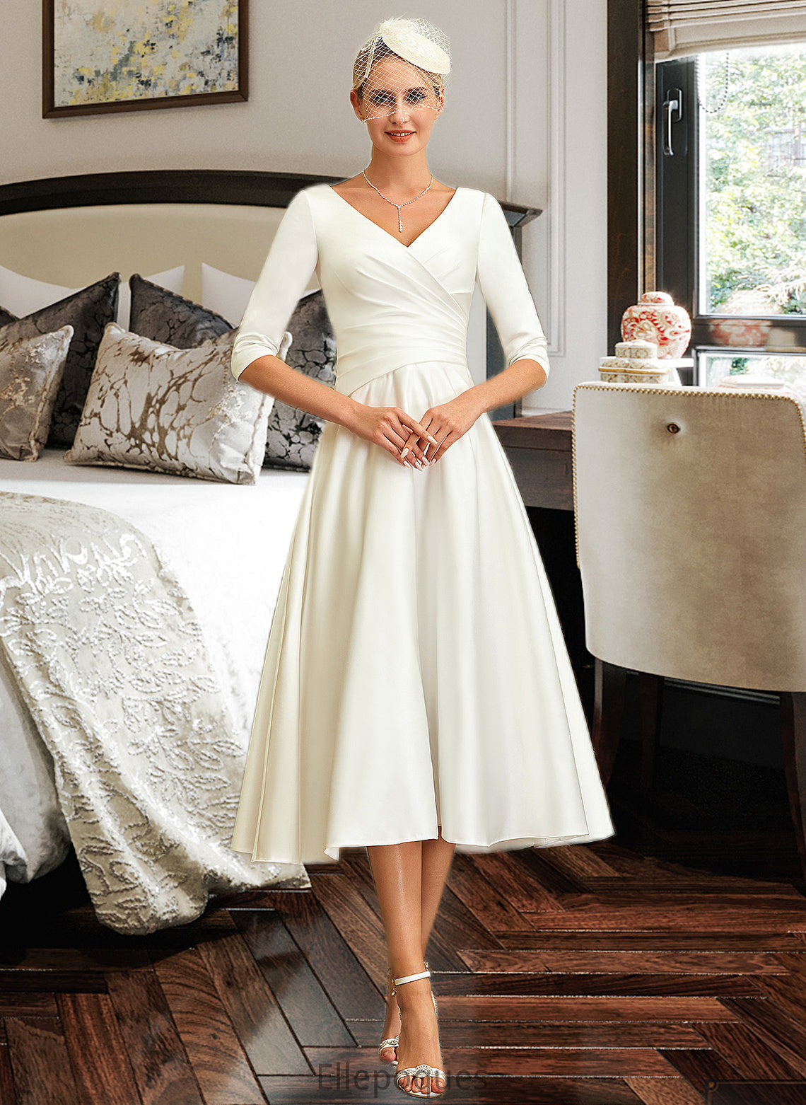 Anna A-Line V-neck Tea-Length Satin Wedding Dress HOP0013817