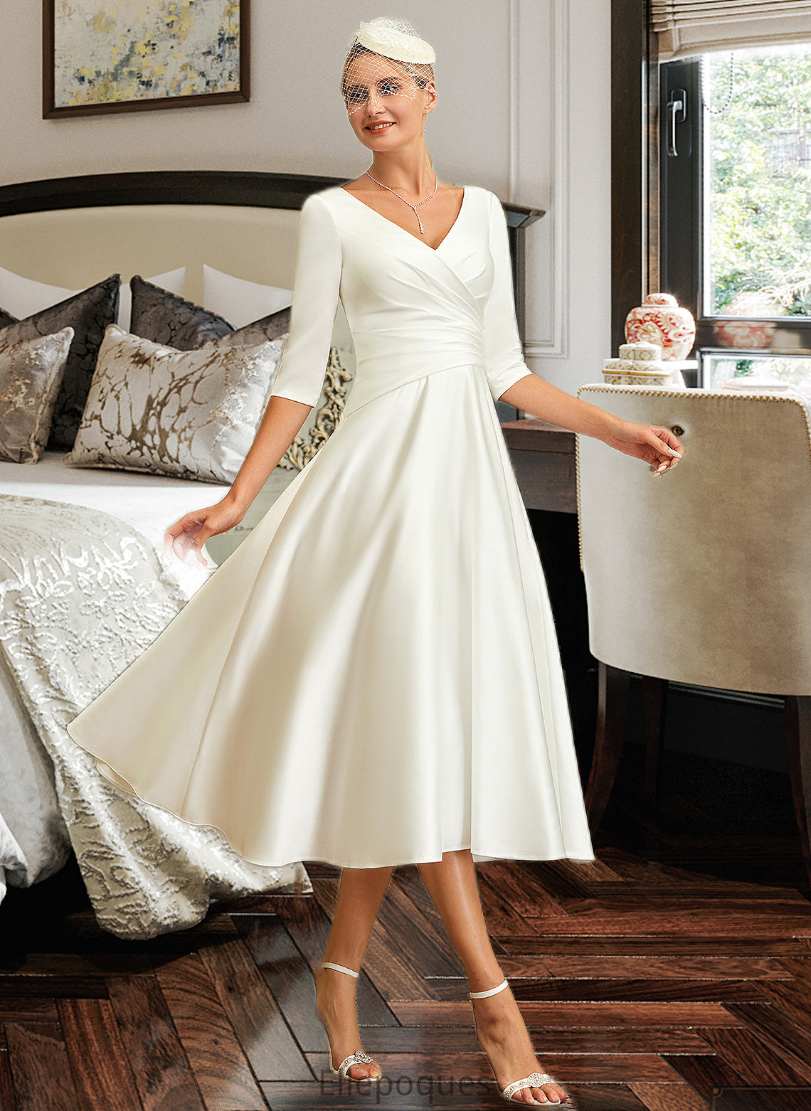 Anna A-Line V-neck Tea-Length Satin Wedding Dress HOP0013817