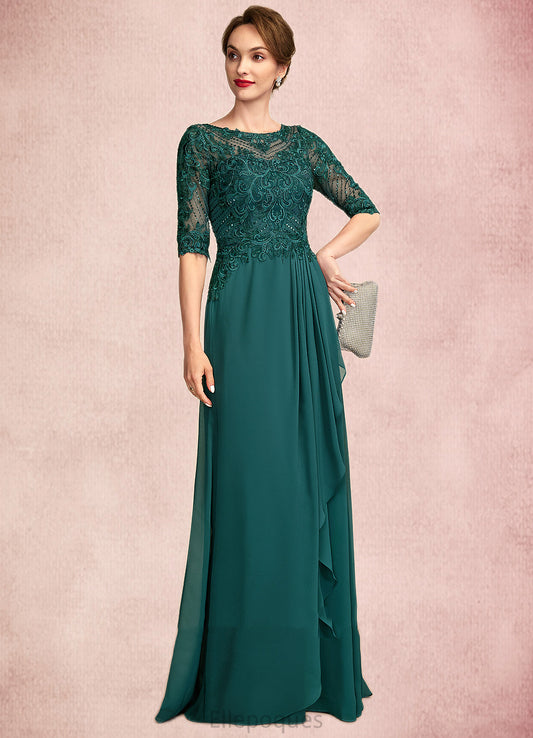 Raven A-Line Scoop Neck Floor-Length Chiffon Lace Mother of the Bride Dress With Beading Sequins Cascading Ruffles HO126P0015027