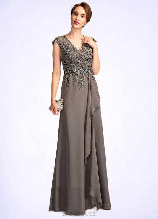 Sharon A-Line V-neck Floor-Length Chiffon Lace Mother of the Bride Dress With Beading Sequins Cascading Ruffles HO126P0015030