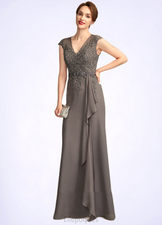 Sharon A-Line V-neck Floor-Length Chiffon Lace Mother of the Bride Dress With Beading Sequins Cascading Ruffles HO126P0015030