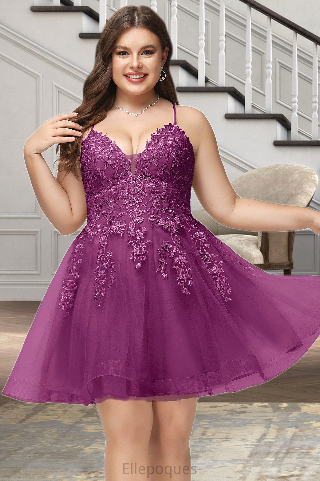 Dana A-line V-Neck Short/Mini Lace Tulle Homecoming Dress With Sequins HOP0020500