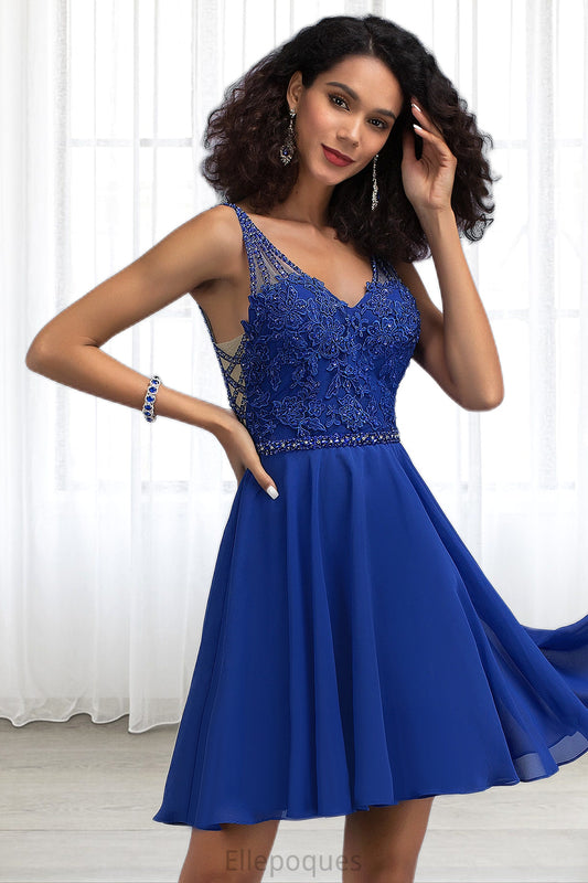 Brittany A-line V-Neck Short/Mini Chiffon Lace Homecoming Dress With Beading HOP0020563