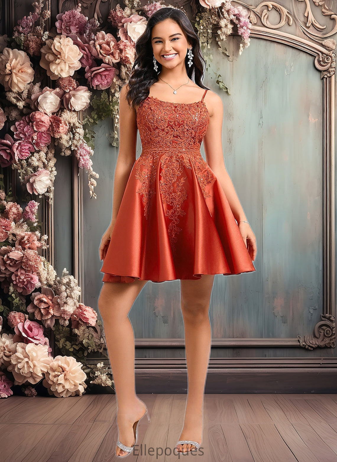 Marian A-line Scoop Short Satin Lace Homecoming Dress With Sequins HOP0025683