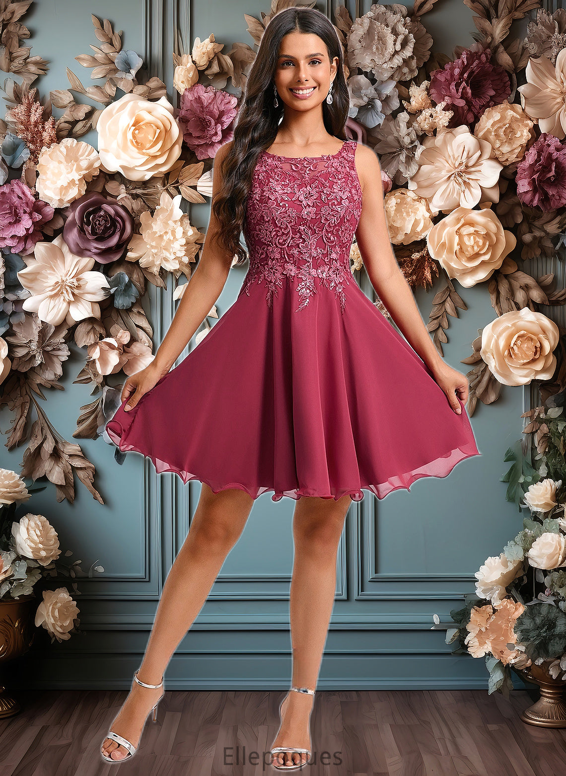 Paulina A-line Scoop Short Chiffon Homecoming Dress With Sequins Appliques Lace HOP0025681