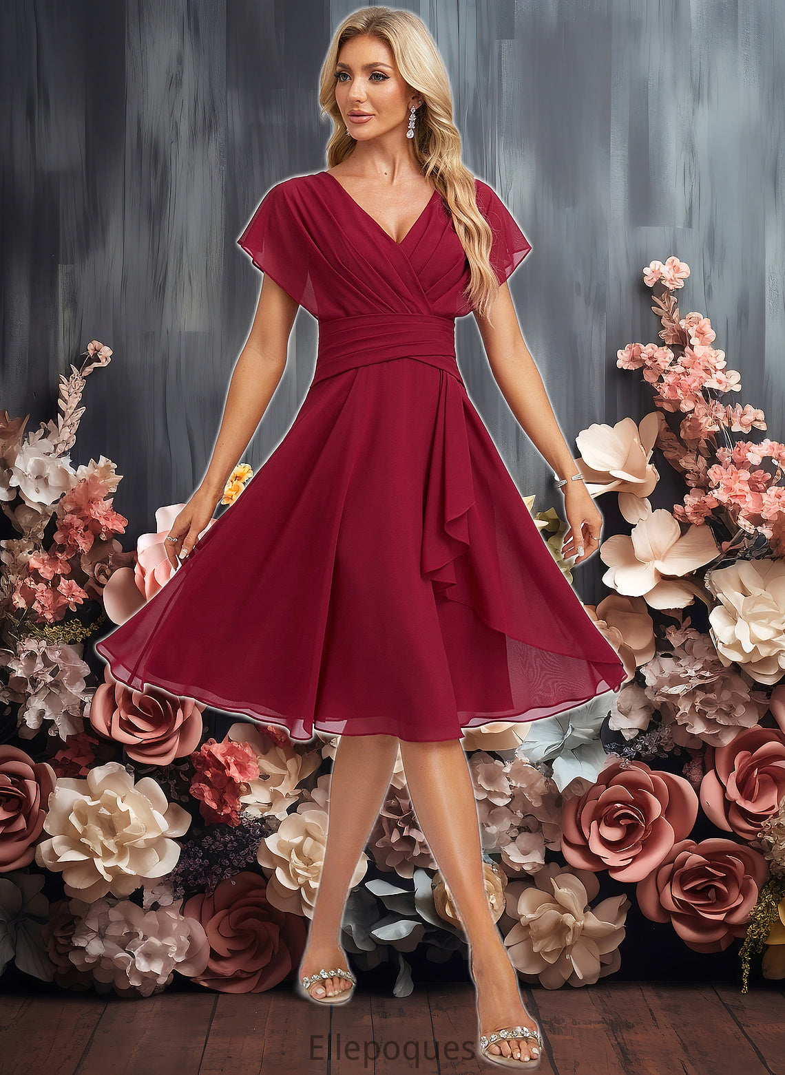 Kali A-line V-Neck Knee-Length Chiffon Homecoming Dress With Ruffle HOP0025716