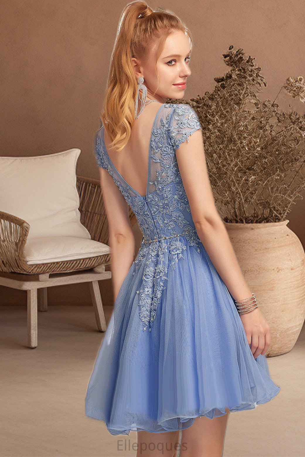 Teresa A-line Scoop Short/Mini Tulle Homecoming Dress With Beading Appliques Lace HOP0020547