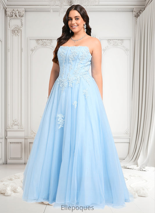 Kristen Ball-Gown/Princess Straight Sweep Train Tulle Prom Dresses With Sequins Appliques Lace HOP0025864