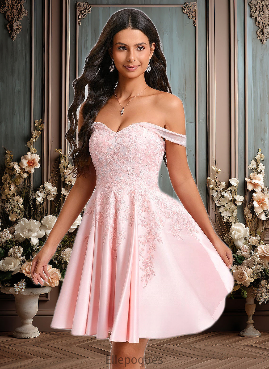 Alicia A-line Off the Shoulder Short Satin Homecoming Dress With Rhinestone Beading Appliques Lace HOP0025679