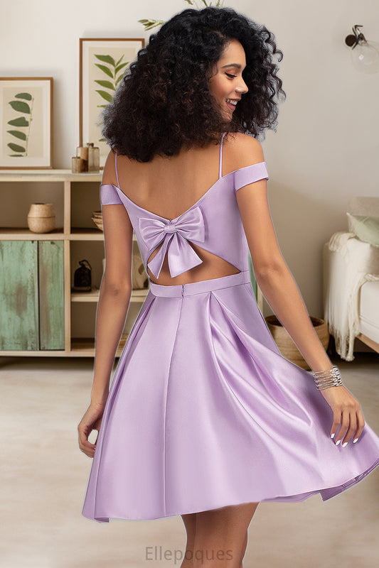 Ashly A-line Off the Shoulder Short/Mini Satin Homecoming Dress With Bow HOP0020568