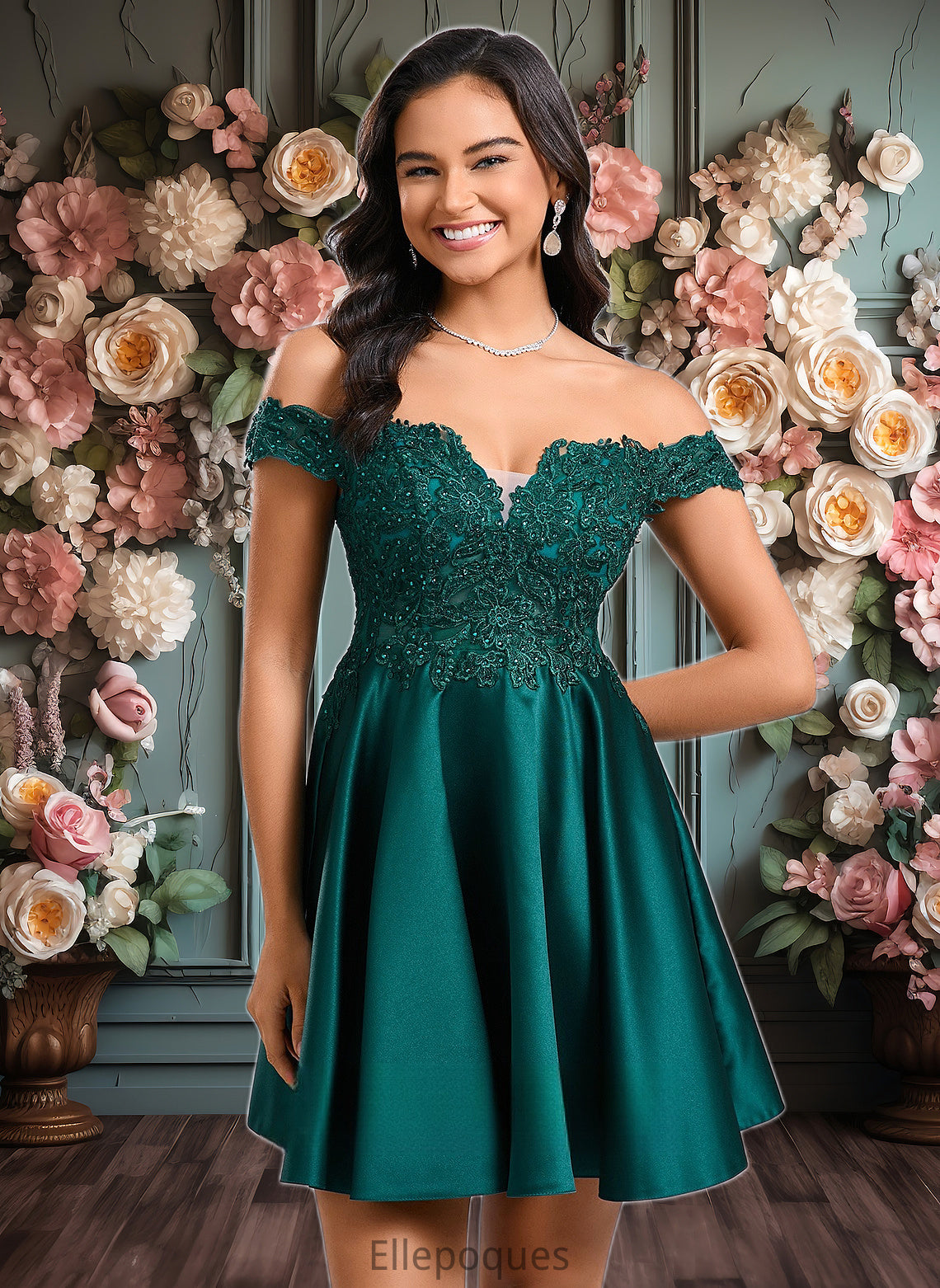 Maren A-line Off the Shoulder Short Lace Satin Homecoming Dress With Rhinestone HOP0025718