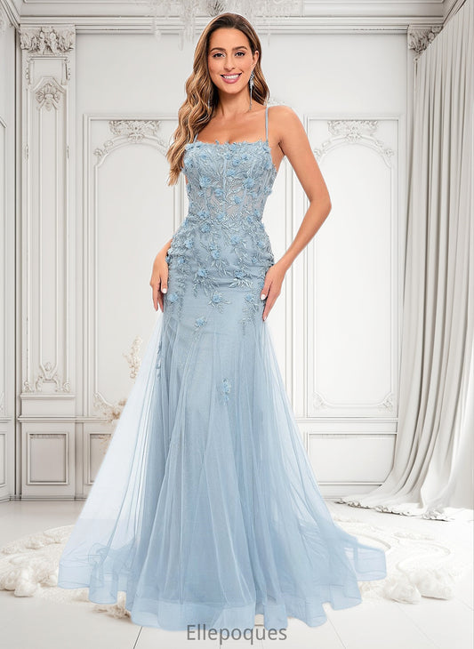 Laurel Trumpet/Mermaid Straight Sweep Train Tulle Prom Dresses With Flower HOP0025866